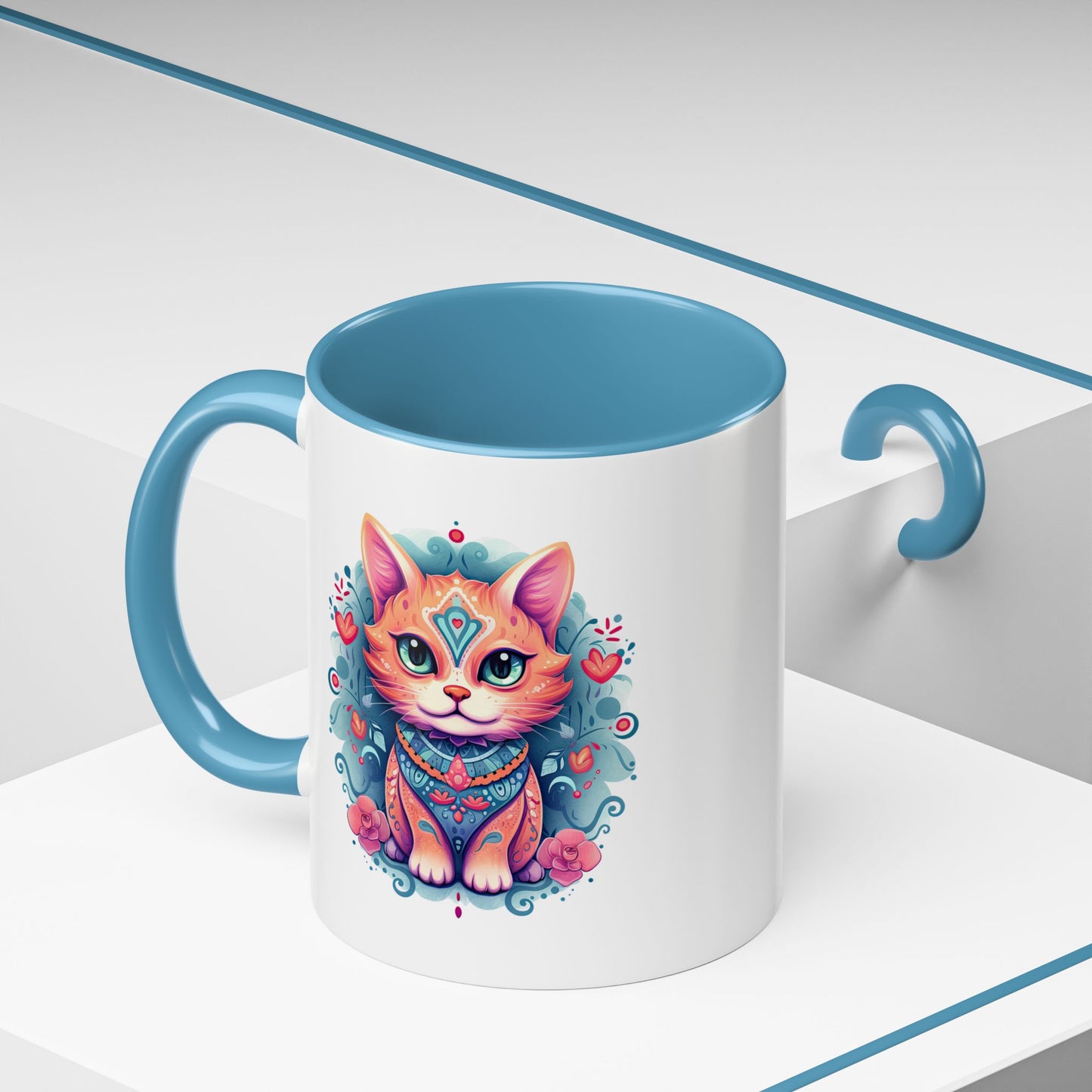 Animal  - Mystic Cat Turquoise & Coral Flowers