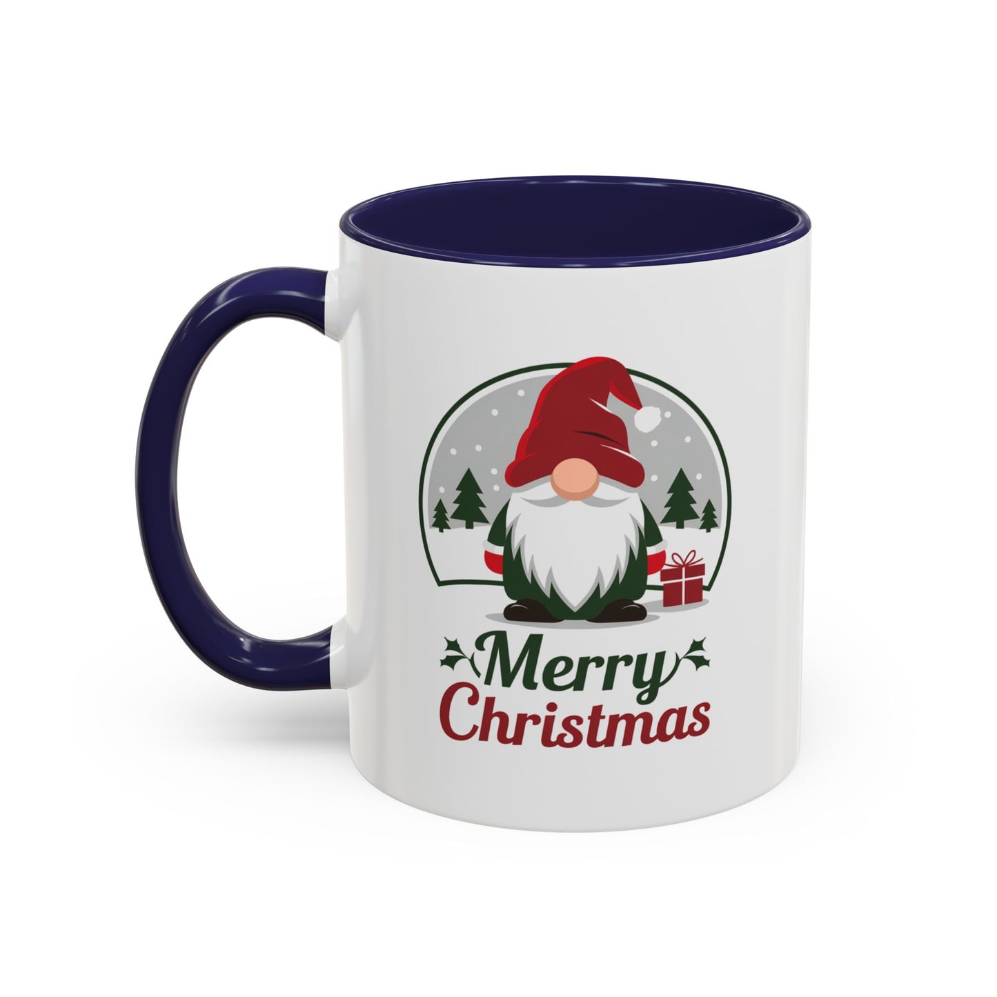 Christmas Mug - Merry Christmas Green & Red Text Gnome Present Trees