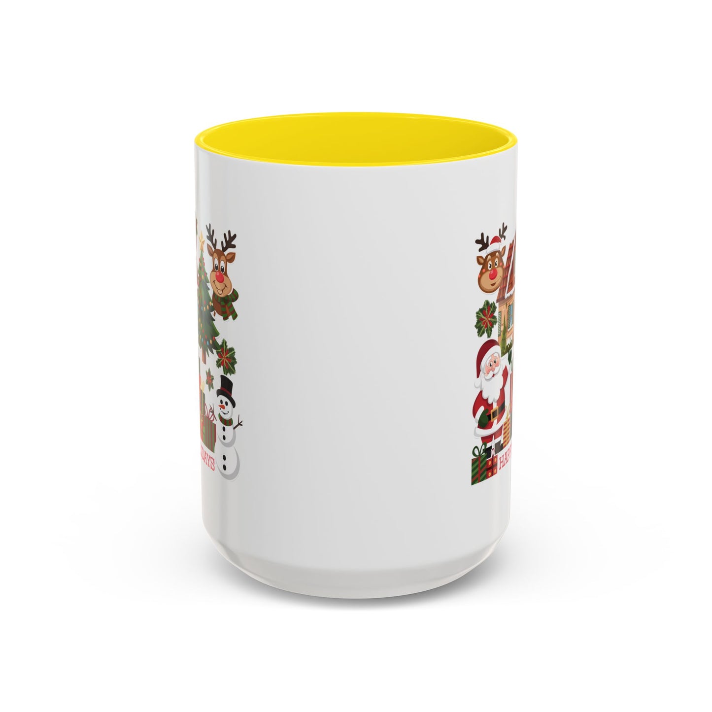 Christmas Mug - Happy Holidays Red Text Reindeer Santa Snowman Presents