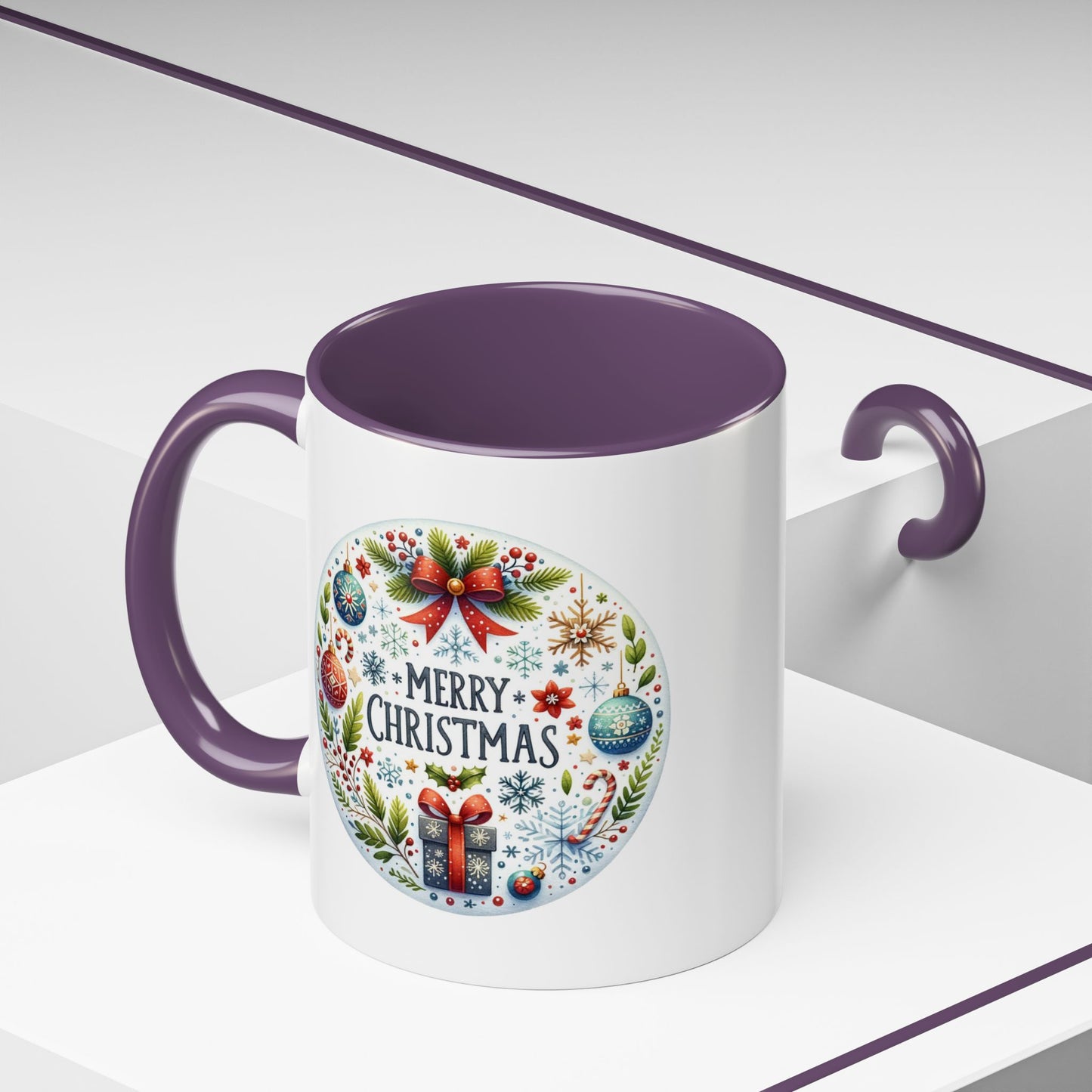 Christmas Mug - Merry Christmas Blue Text Bow Present Ornaments