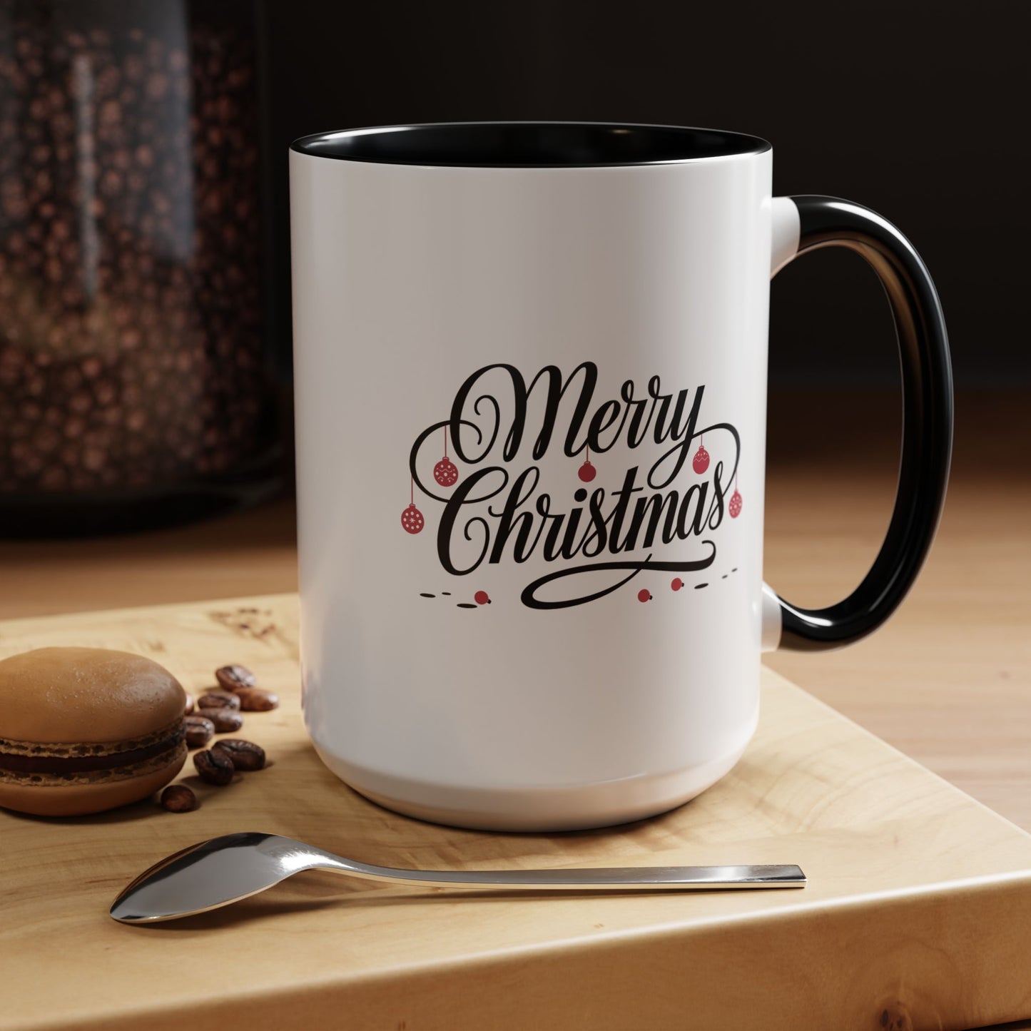 Christmas Mug - Merry Christmas Black Text Red Ornaments