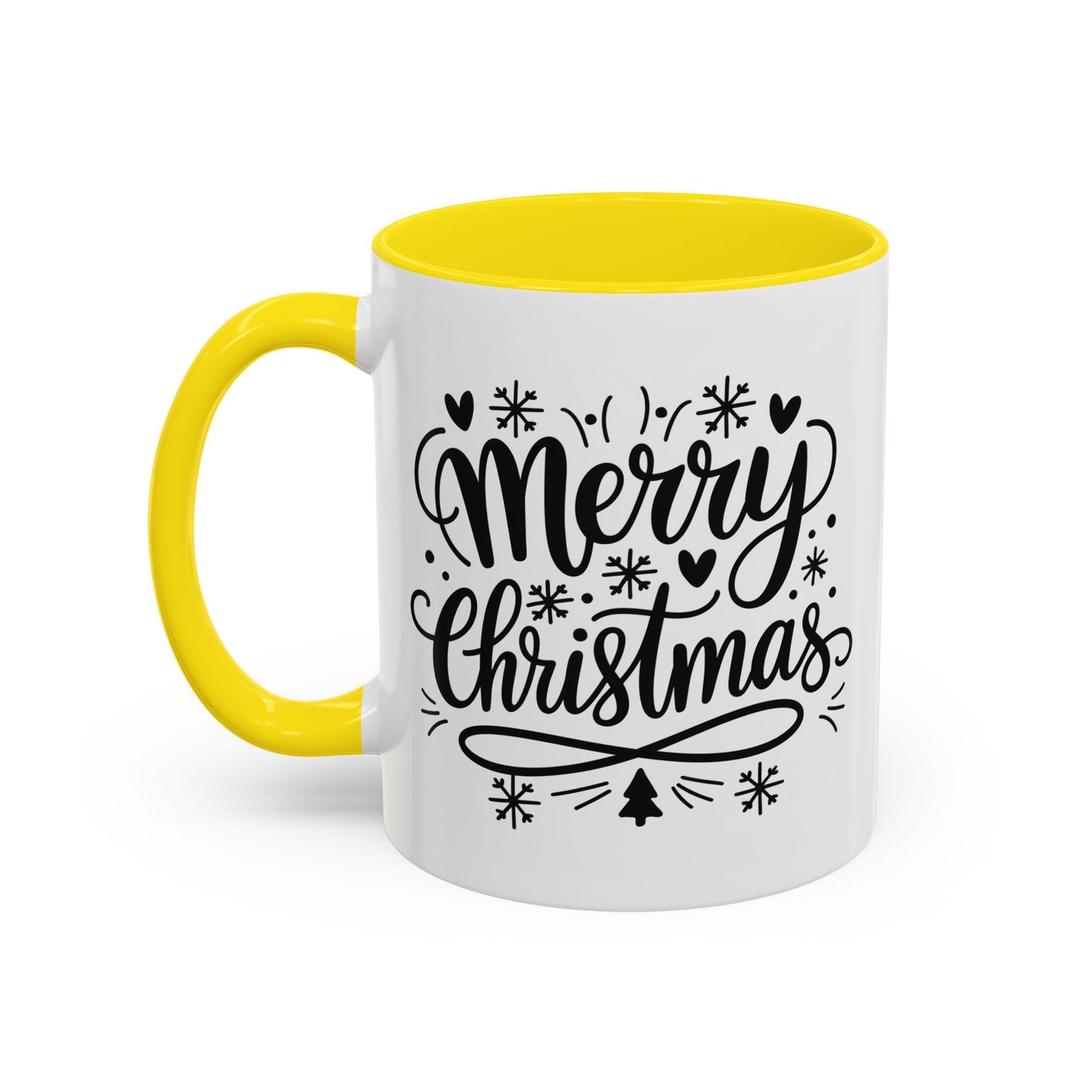 Christmas Mug - Merry Christmas Black Text Tree Snowflakes Hearts