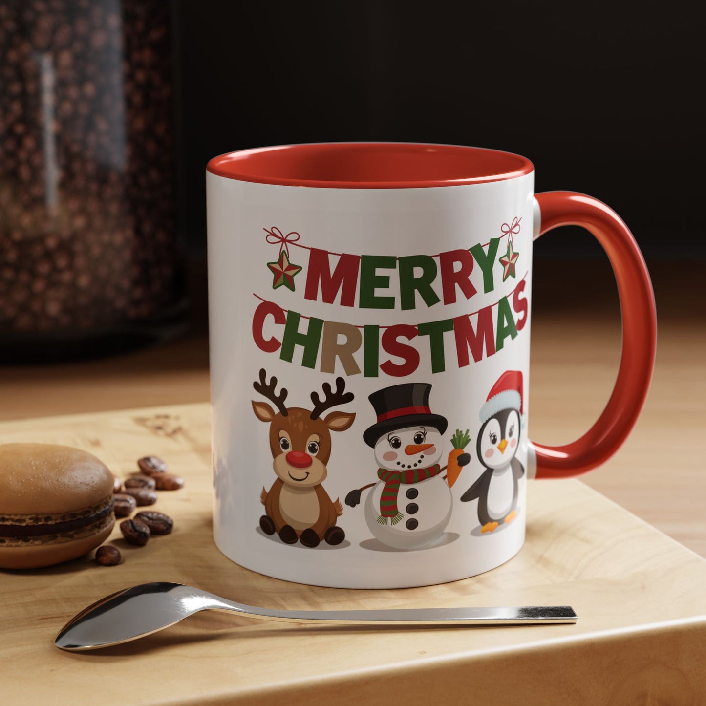 Christmas Mug - Red Green & Gold Text Reindeer Snowman Penguin