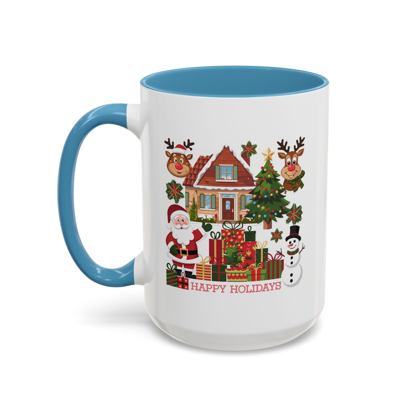 Christmas Mug - Happy Holidays Red Text Reindeer Santa Snowman Presents