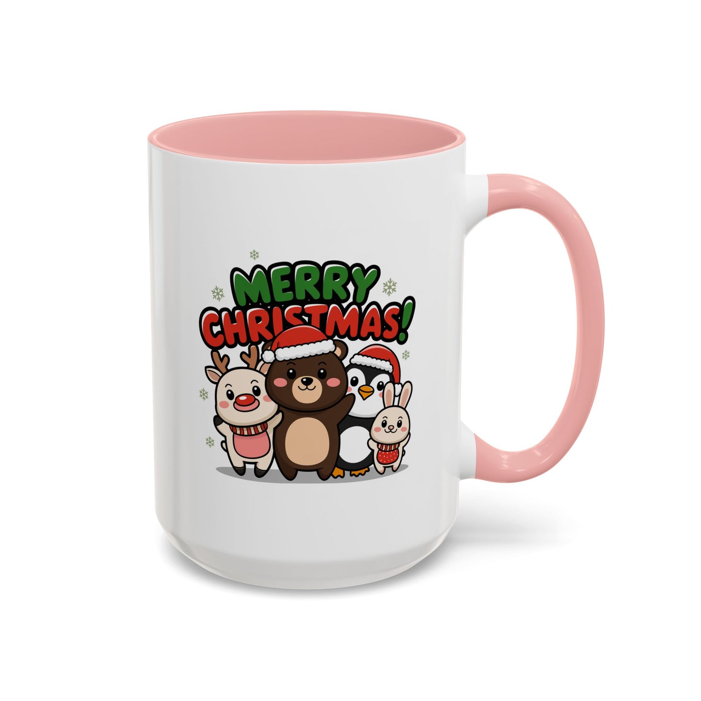 Christmas Mug - Merry Christmas Green & Red Text Cute Animals