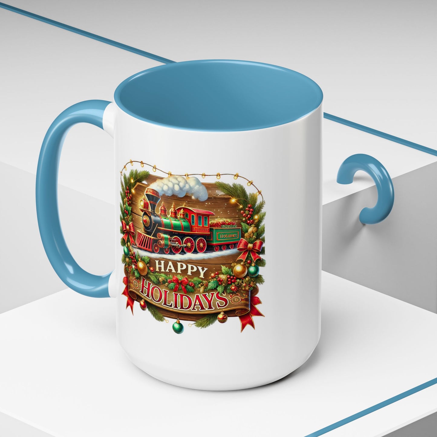Christmas Mug - Happy Holidays White & Red Text Steam Locomotive