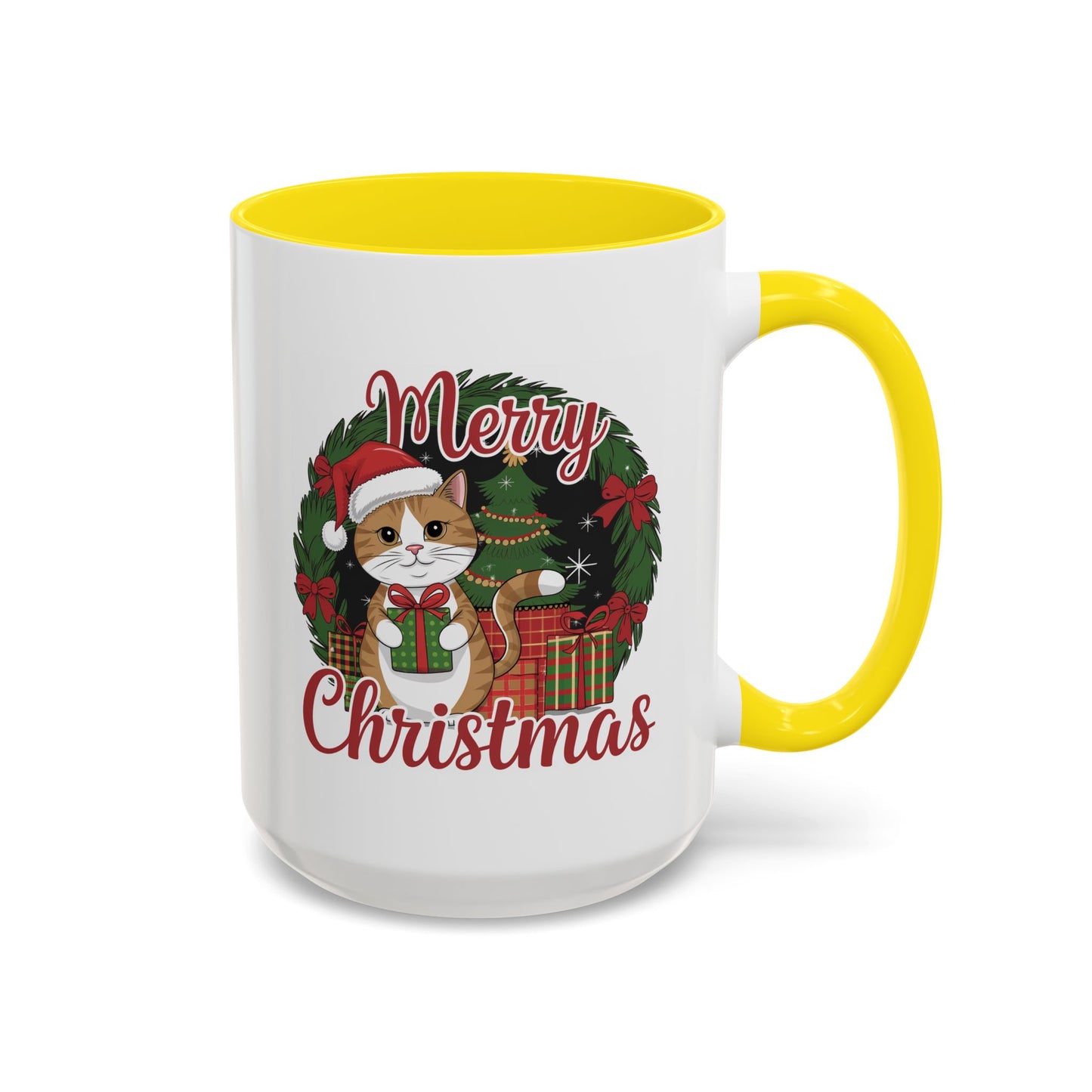 Christmas Mug - Merry Christmas Red Text Cat Presents Wreath