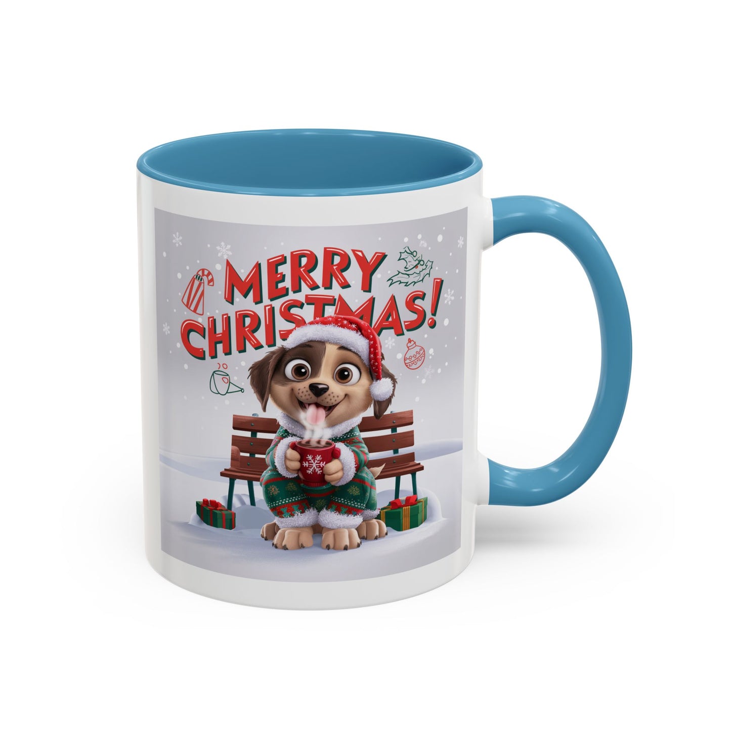 Christmas Mug - Merry Christmas Red Text Puppy Green Top