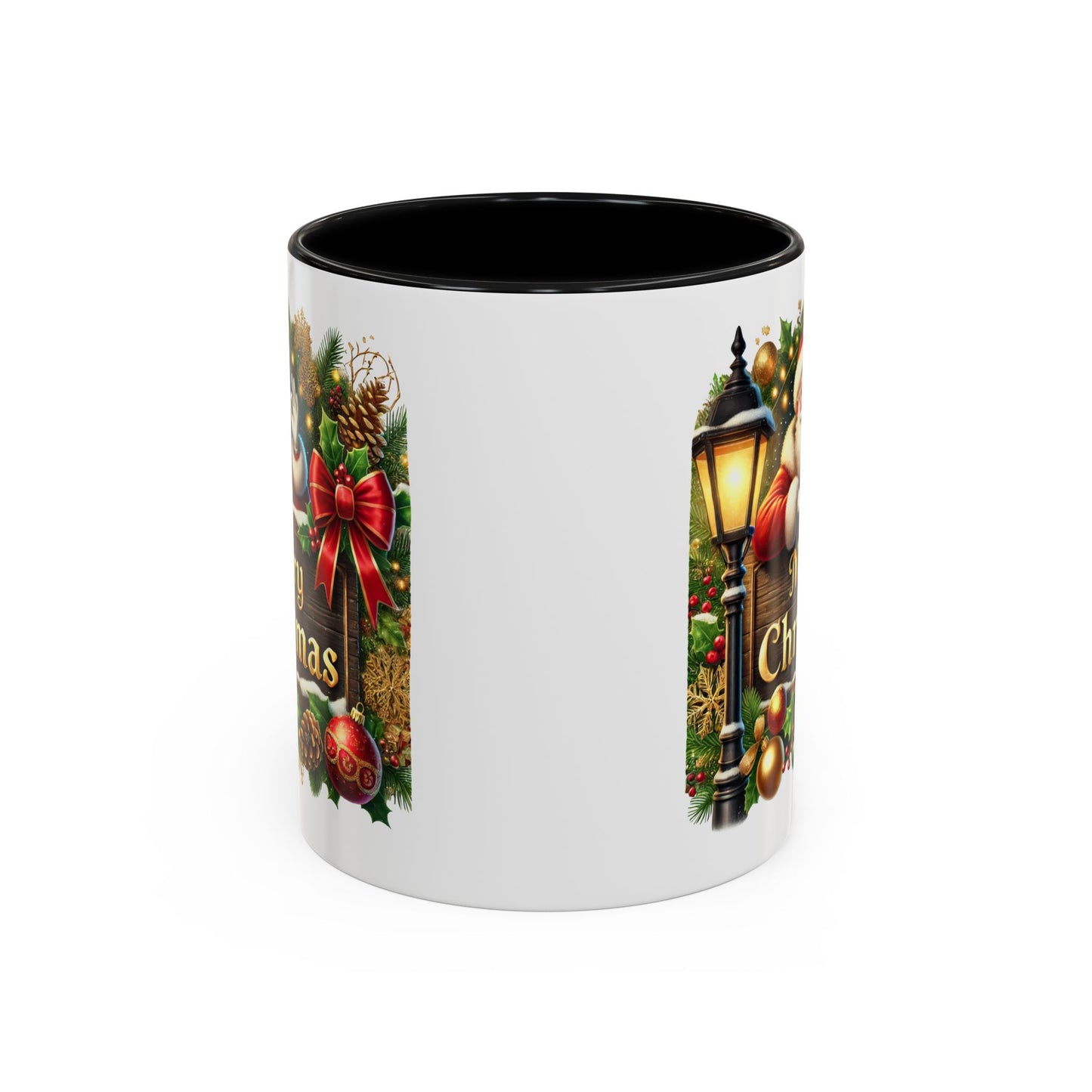 Christmas Mug - Merry Christmas Cream Text Santa Ok Light Bow Ornaments