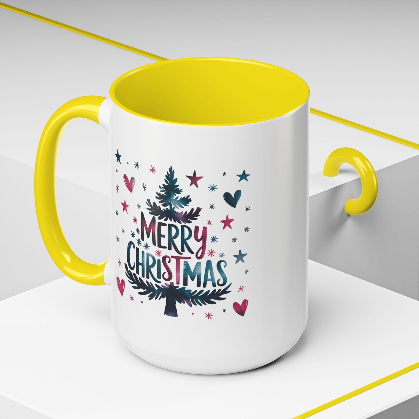 Christmas Mug - Merry Christmas Maroon & Blue Text Tree Hearts Stars