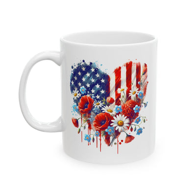 4th of July Mug - Patriotic USA Flowers Heart