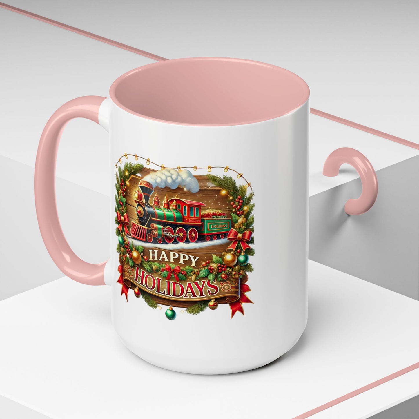 Christmas Mug - Happy Holidays White & Red Text Steam Locomotive