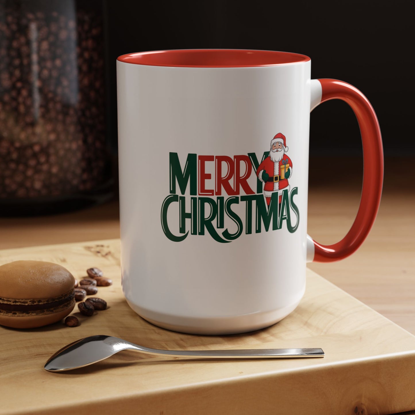 Christmas Mug - Merry Christmas Green & Red Text Santa Present