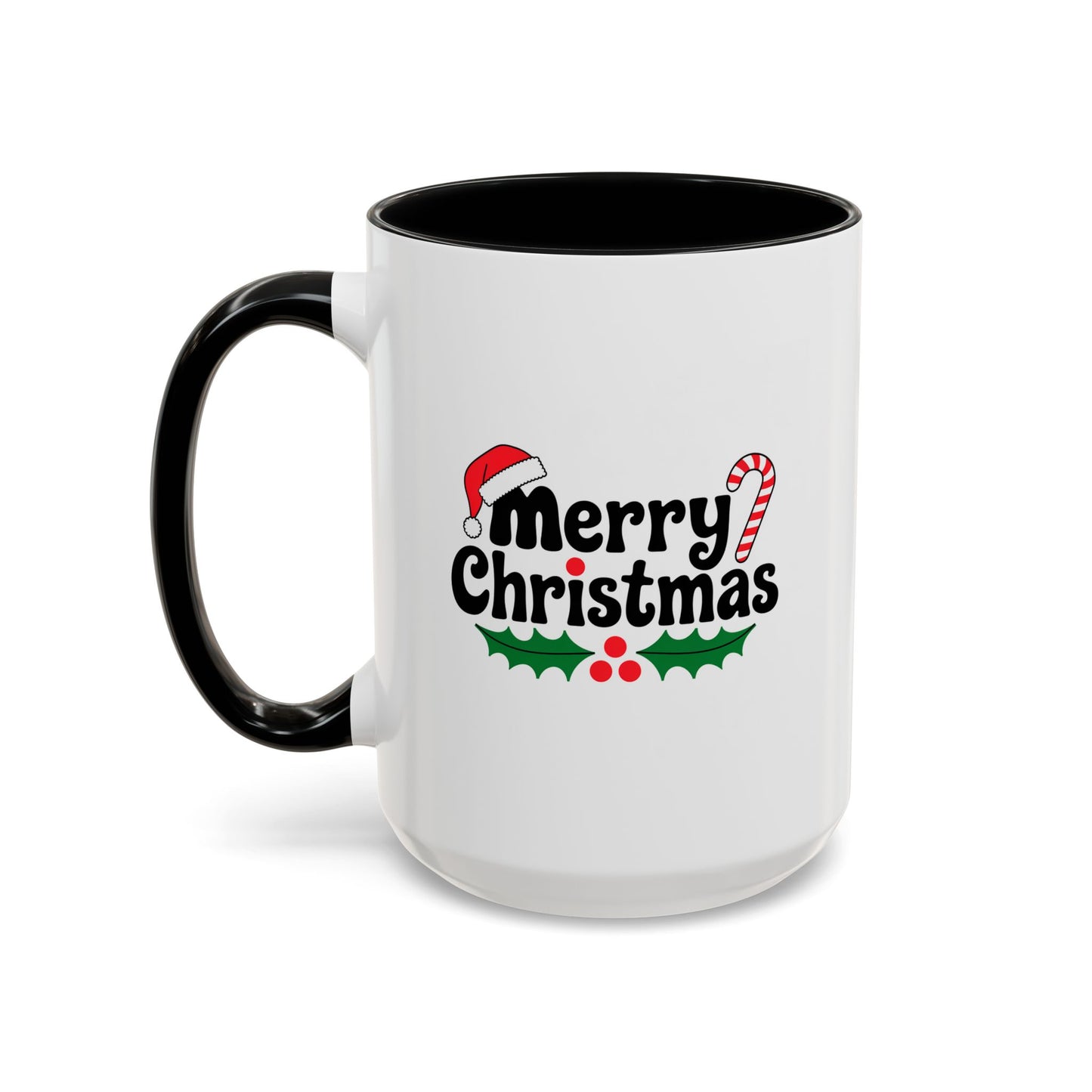 Christmas Mug - Merry Christmas Black Text Hat Cane Misletoe