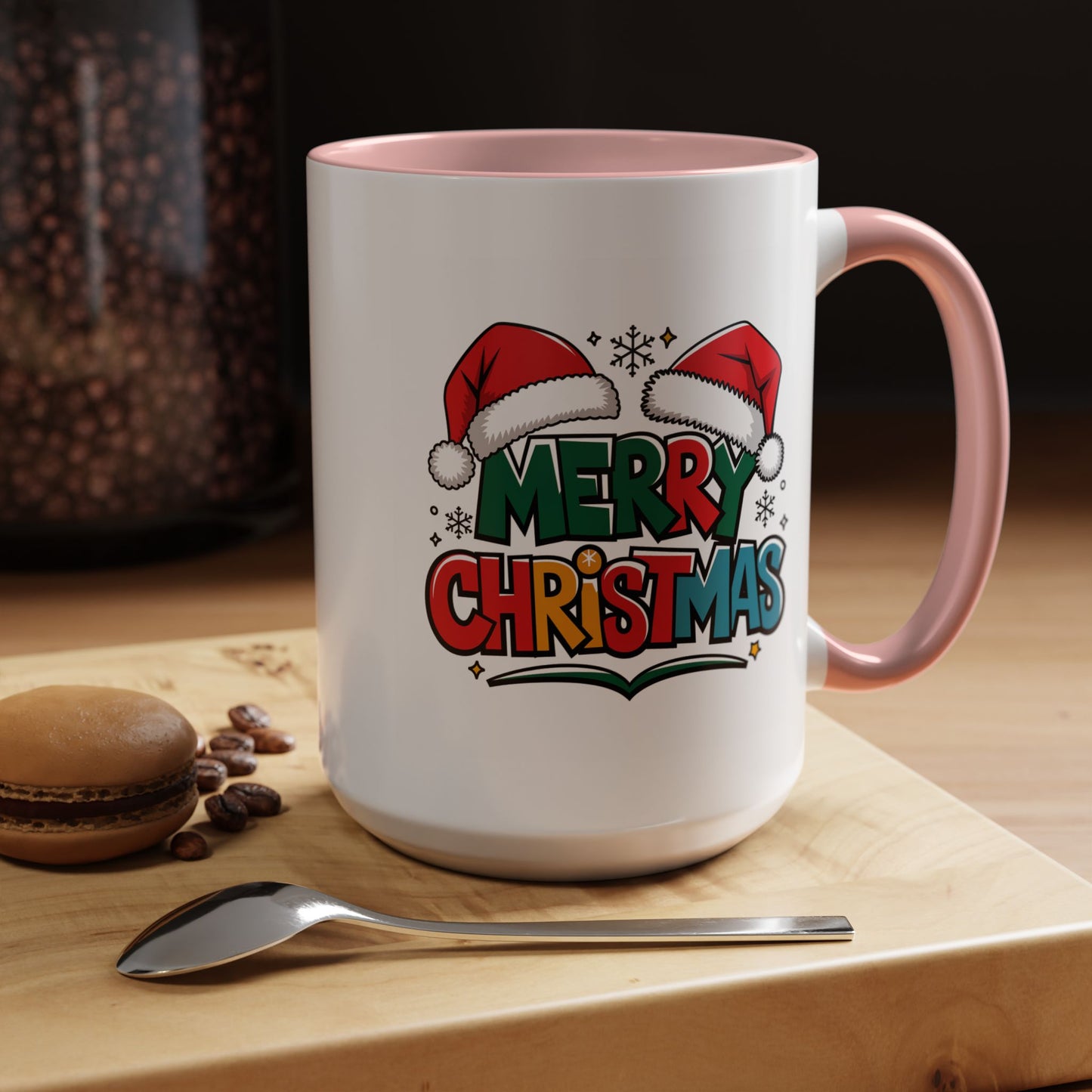 Christmas Mug - Merry Christmas Green Red Yellow and Blue Text Red Hats