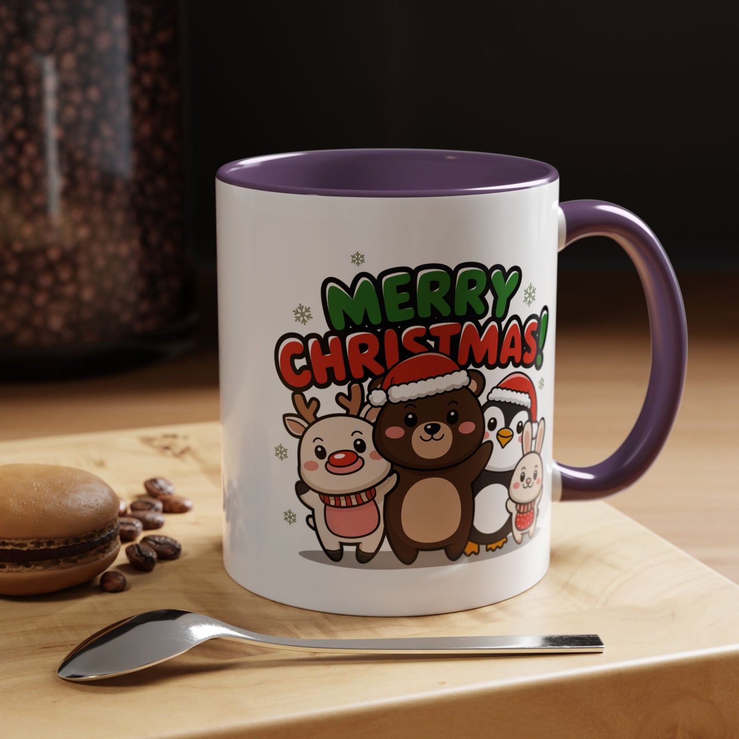 Christmas Mug - Merry Christmas Green & Red Text Cute Animals