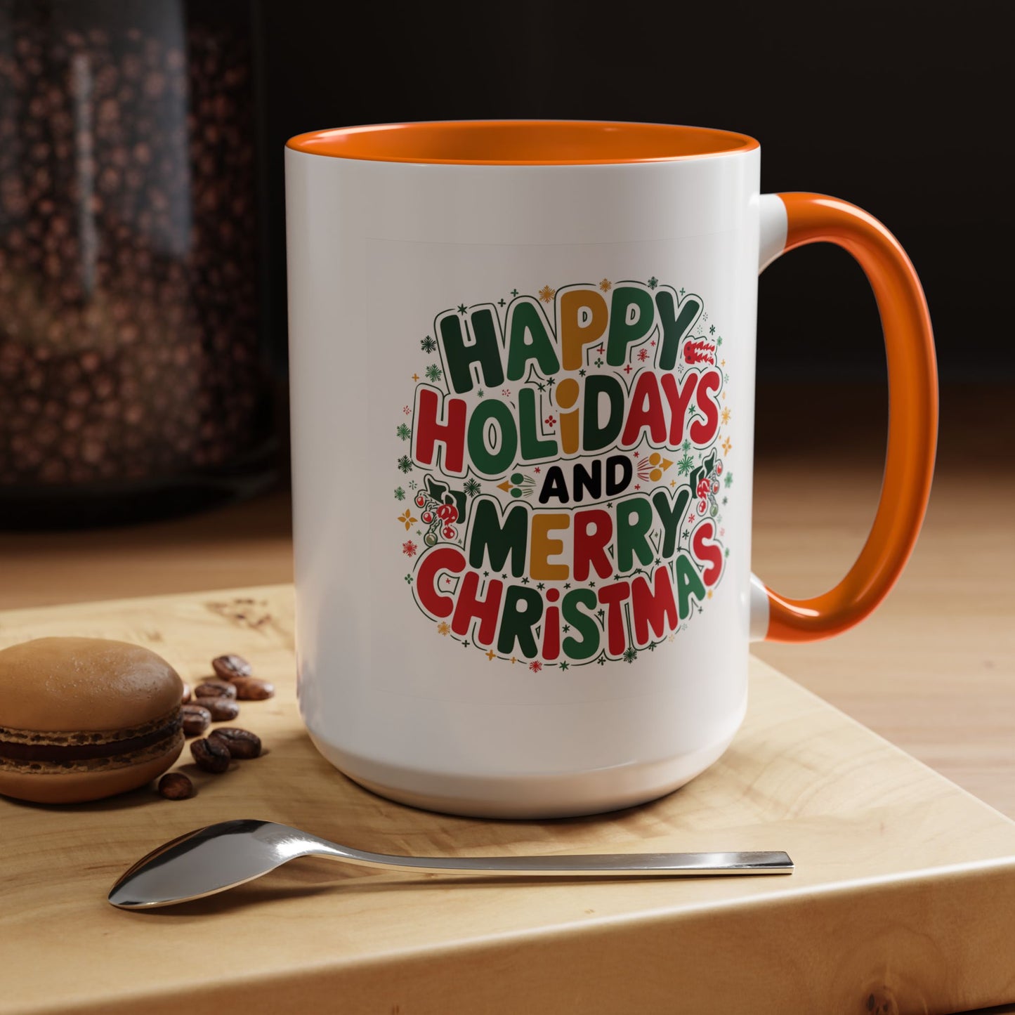 Christmas Mug - Happy Holidays and Merry Christmas Blue Green Yellow Red Text