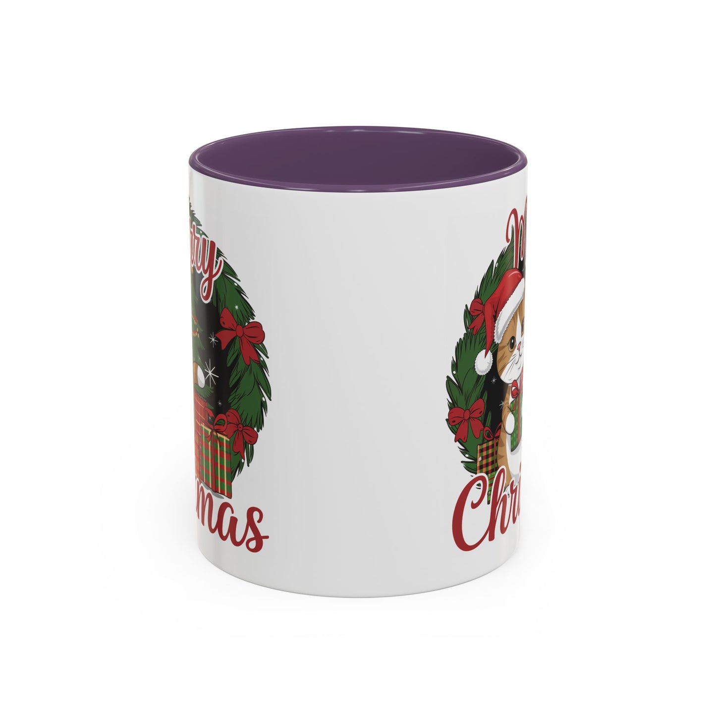 Christmas Mug - Merry Christmas Red Text Cat Presents Wreath