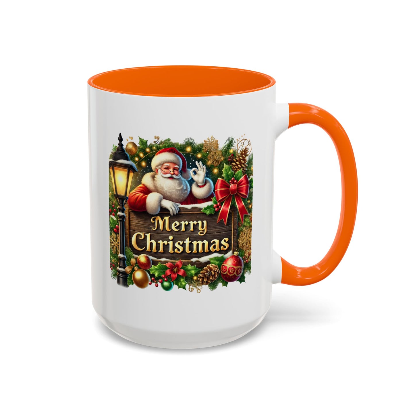 Christmas Mug - Merry Christmas Cream Text Santa Ok Light Bow Ornaments