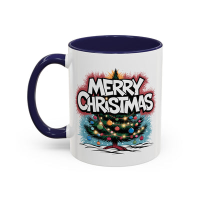 Christmas Mug - Merry Christmas White & Red Text Tree Lights