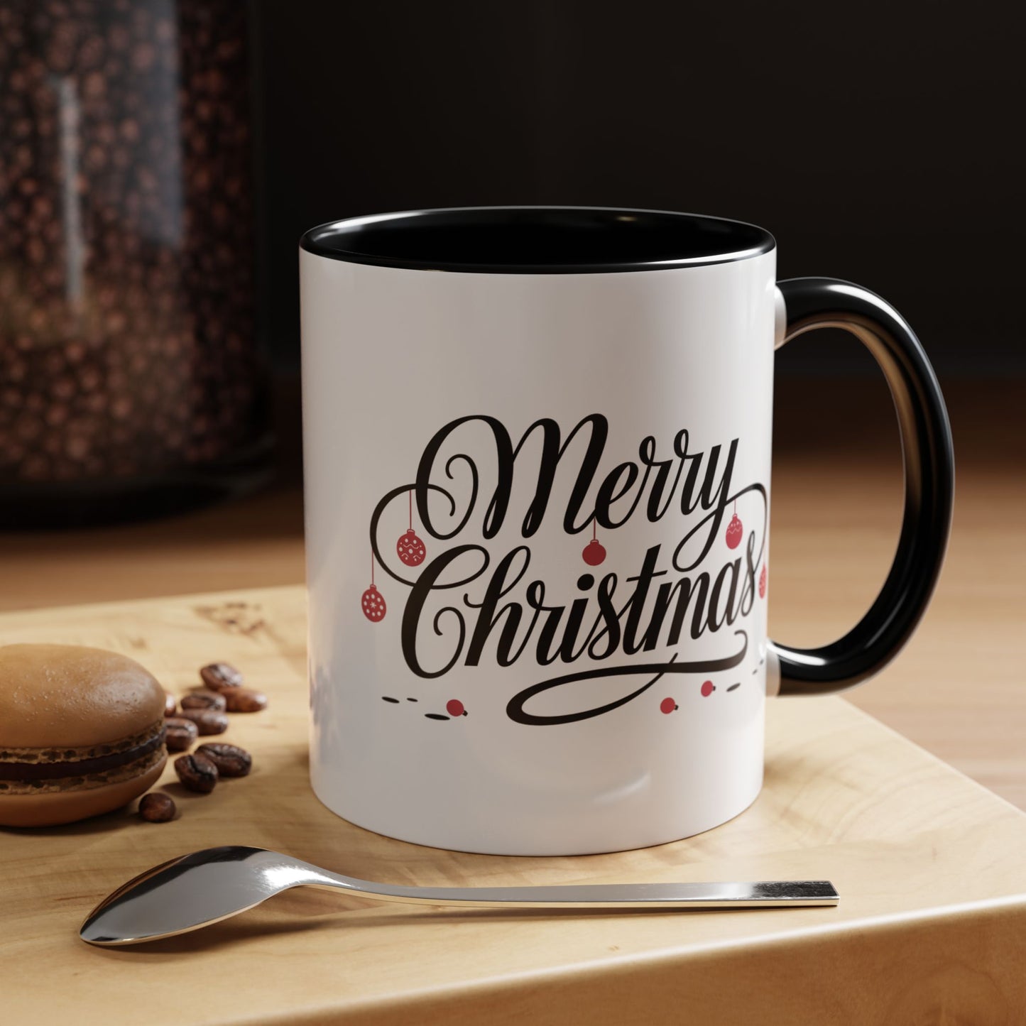 Christmas Mug - Merry Christmas Black Text Red Ornaments