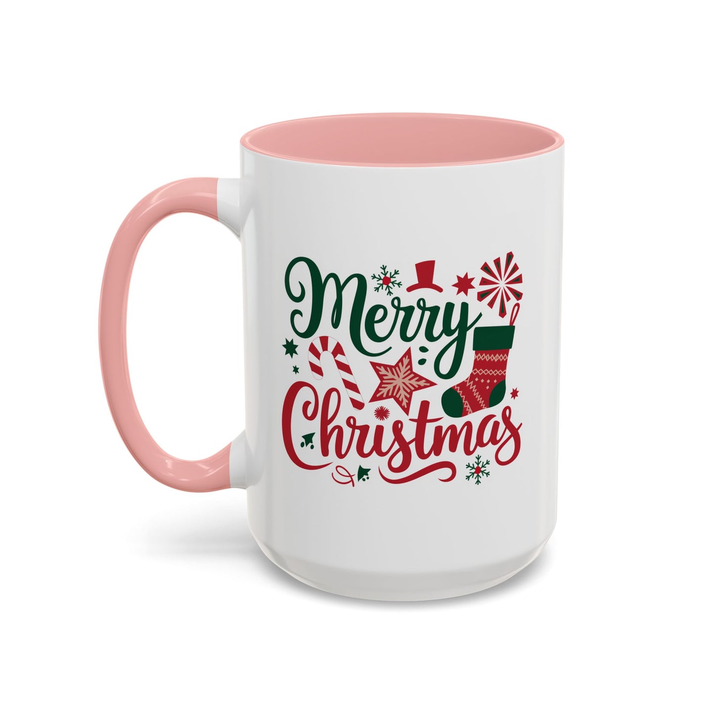 Christmas Mug - Merry Christmas Green & Red Text Star Candy Cane Stocking Snowflake