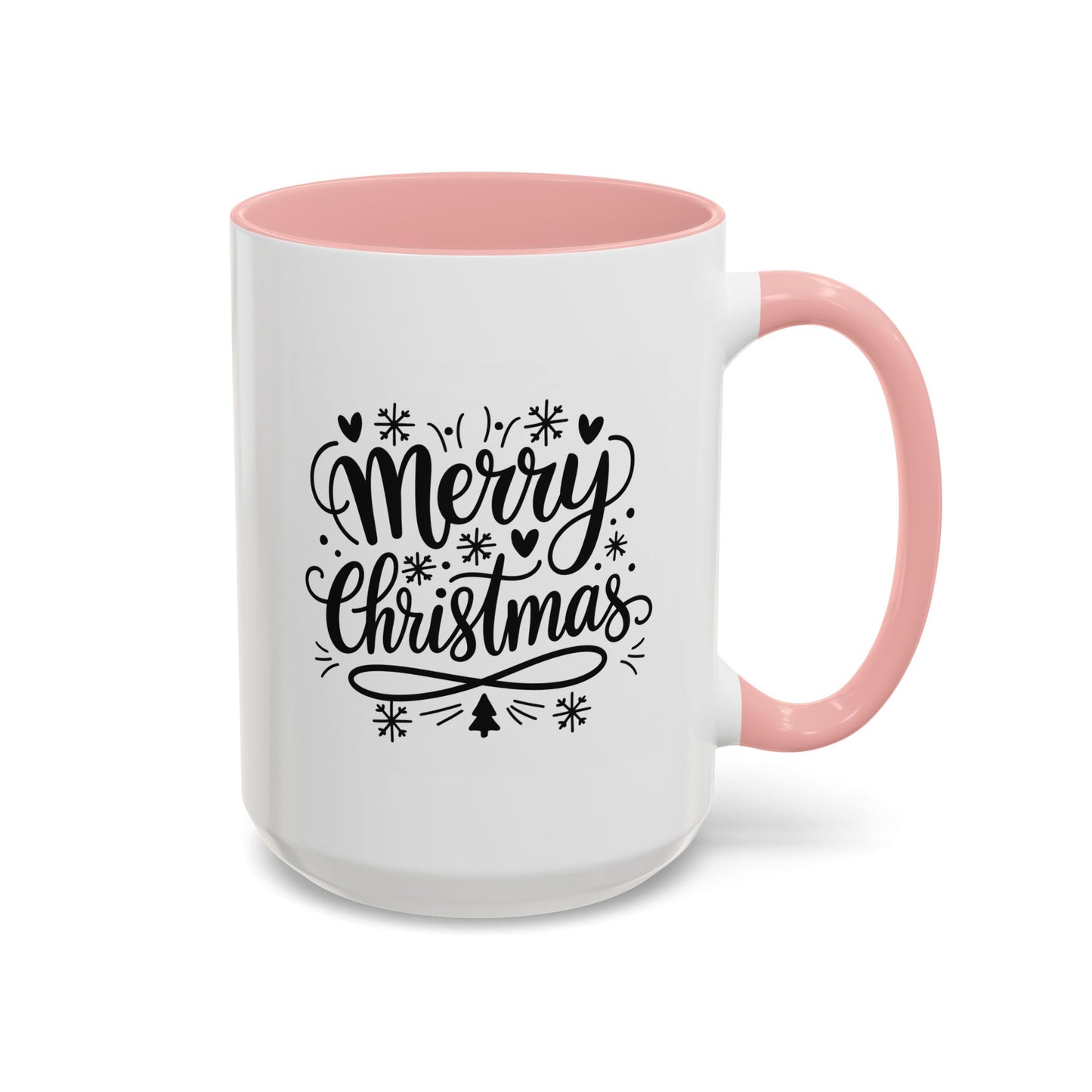 Christmas Mug - Merry Christmas Black Text Tree Snowflakes Hearts