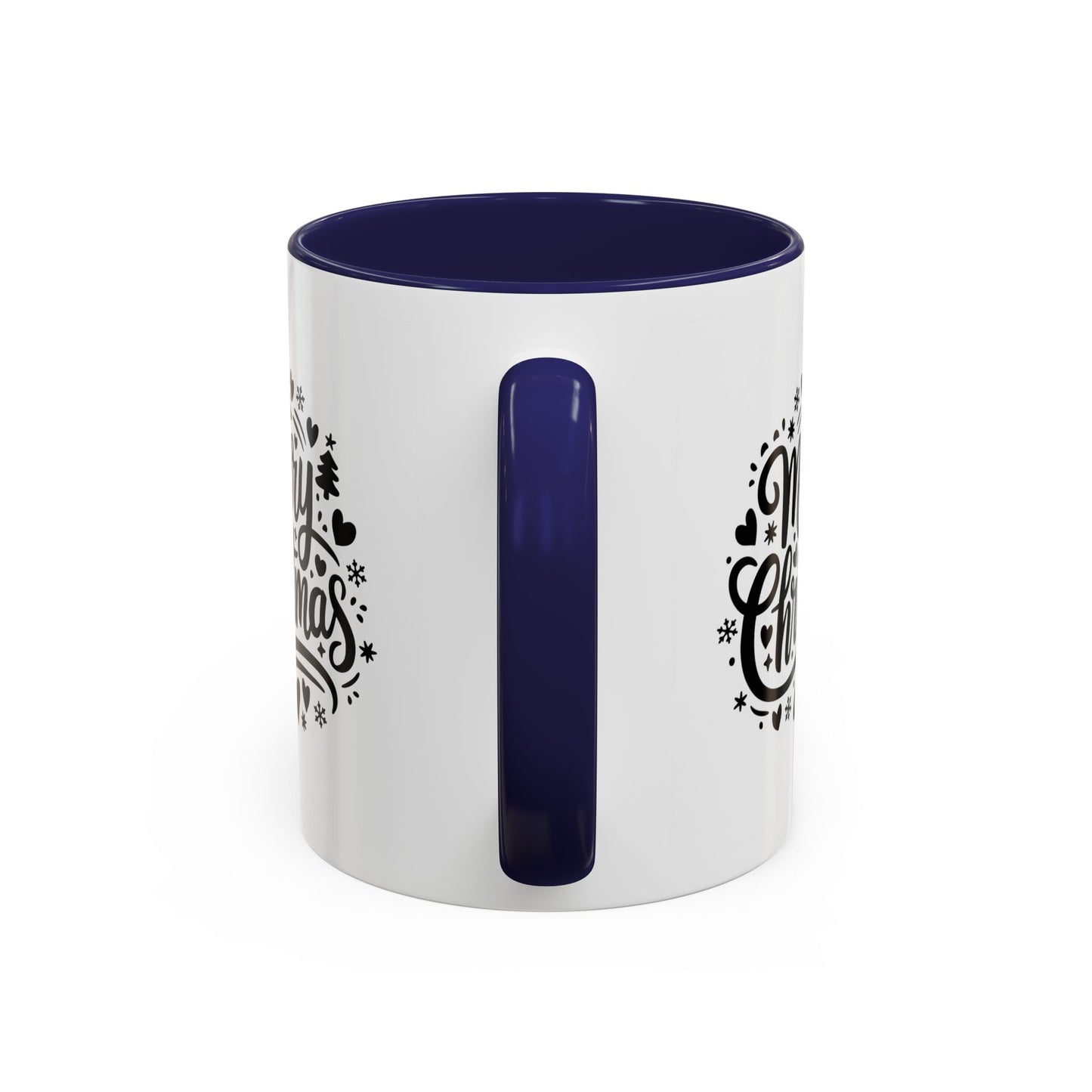 Christmas Mug - Merry Christmas Black Text Trees Snowflakes Hearts