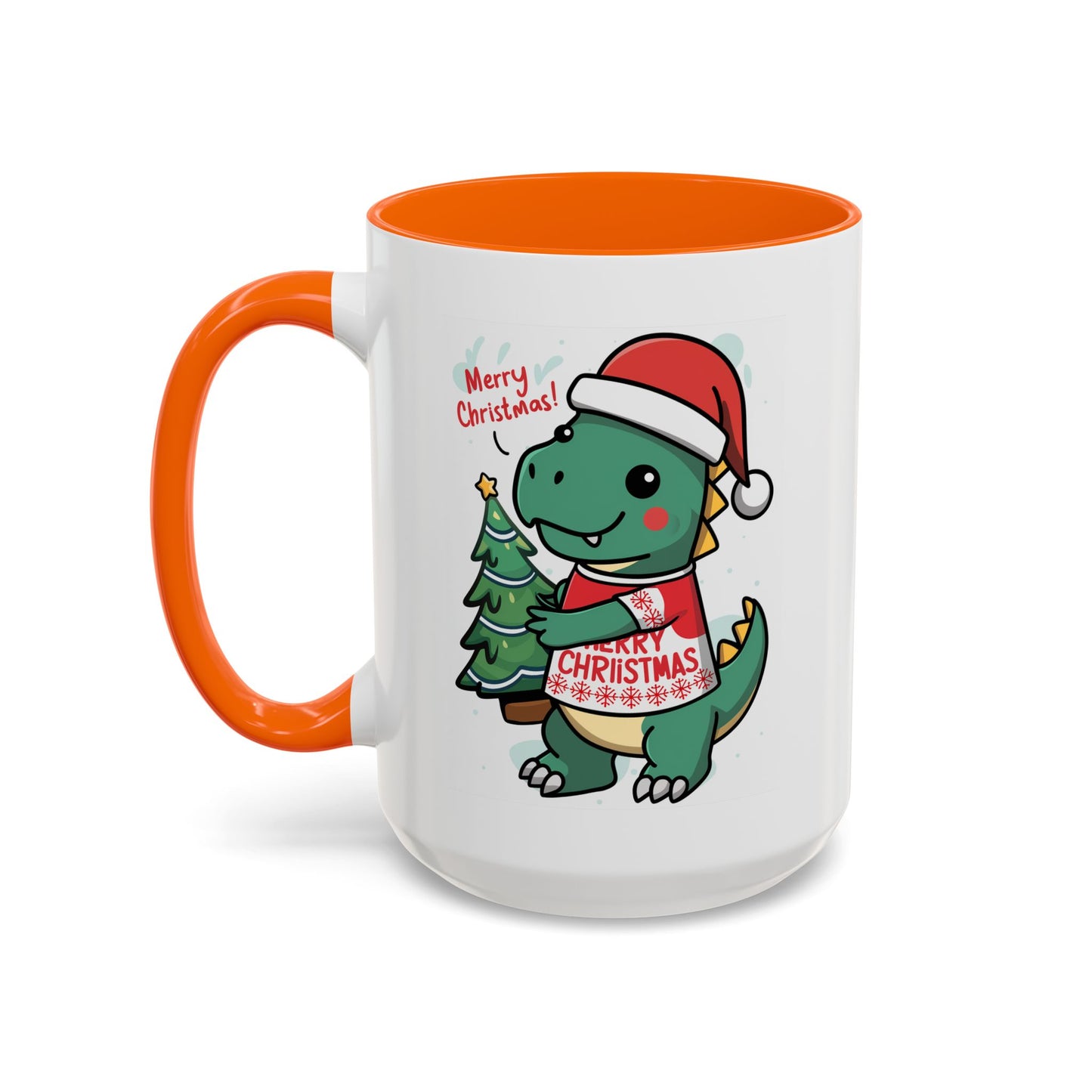 Christmas Mug - Merry Christmas Red Text Dinosaur Tree