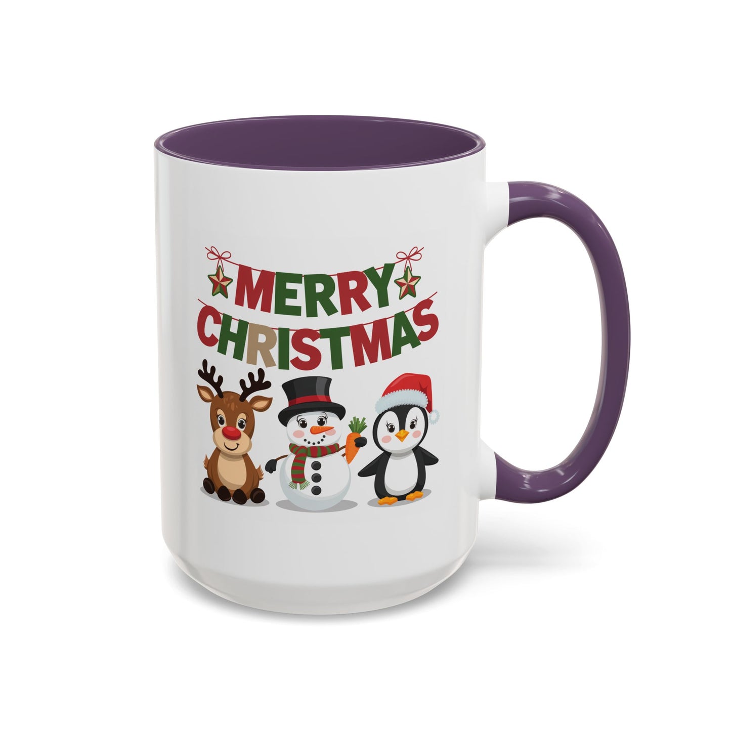 Christmas Mug - Red Green & Gold Text Reindeer Snowman Penguin