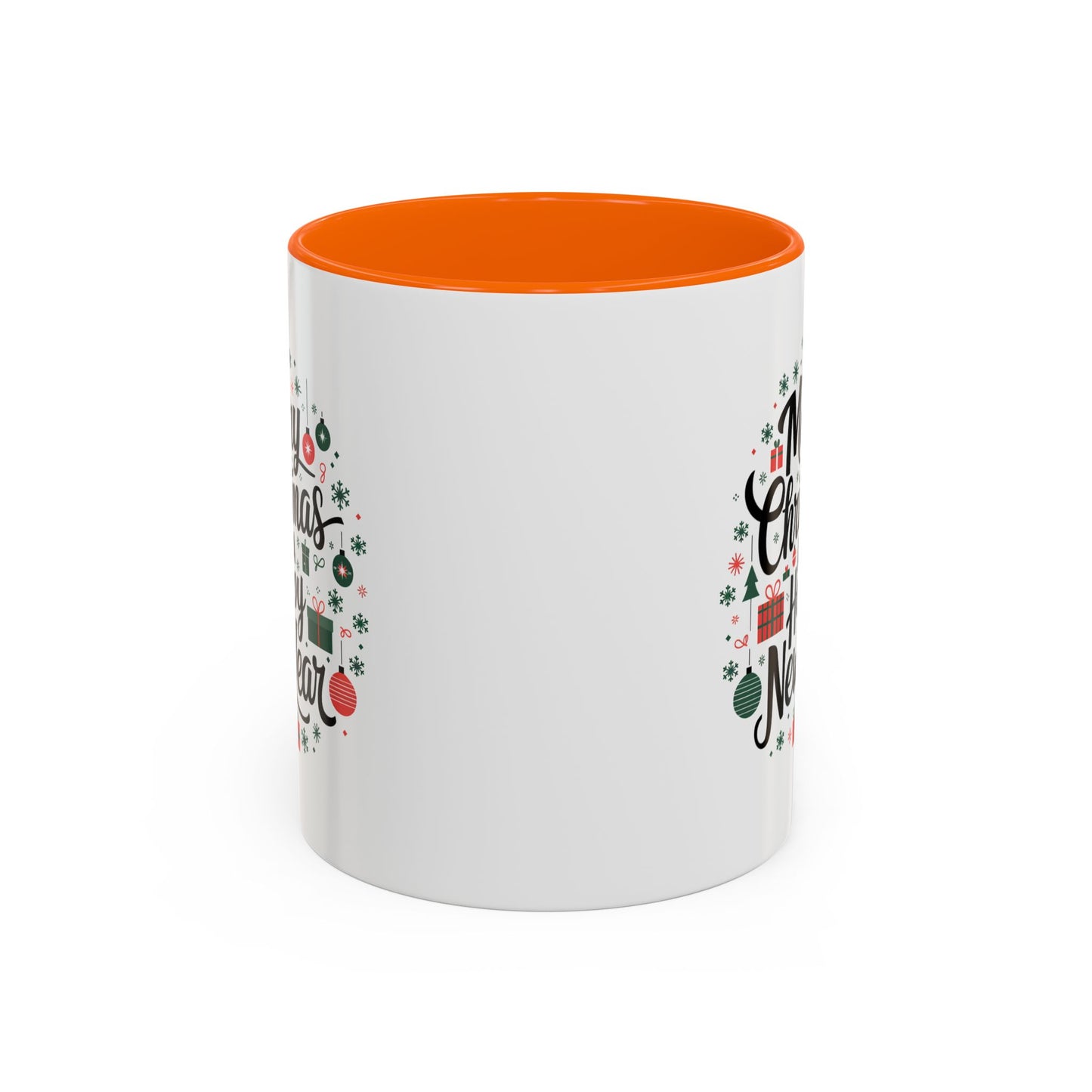 Christmas Mug - Merry Christmas and a Happy New Year Black Text Tree Ornaments Presents