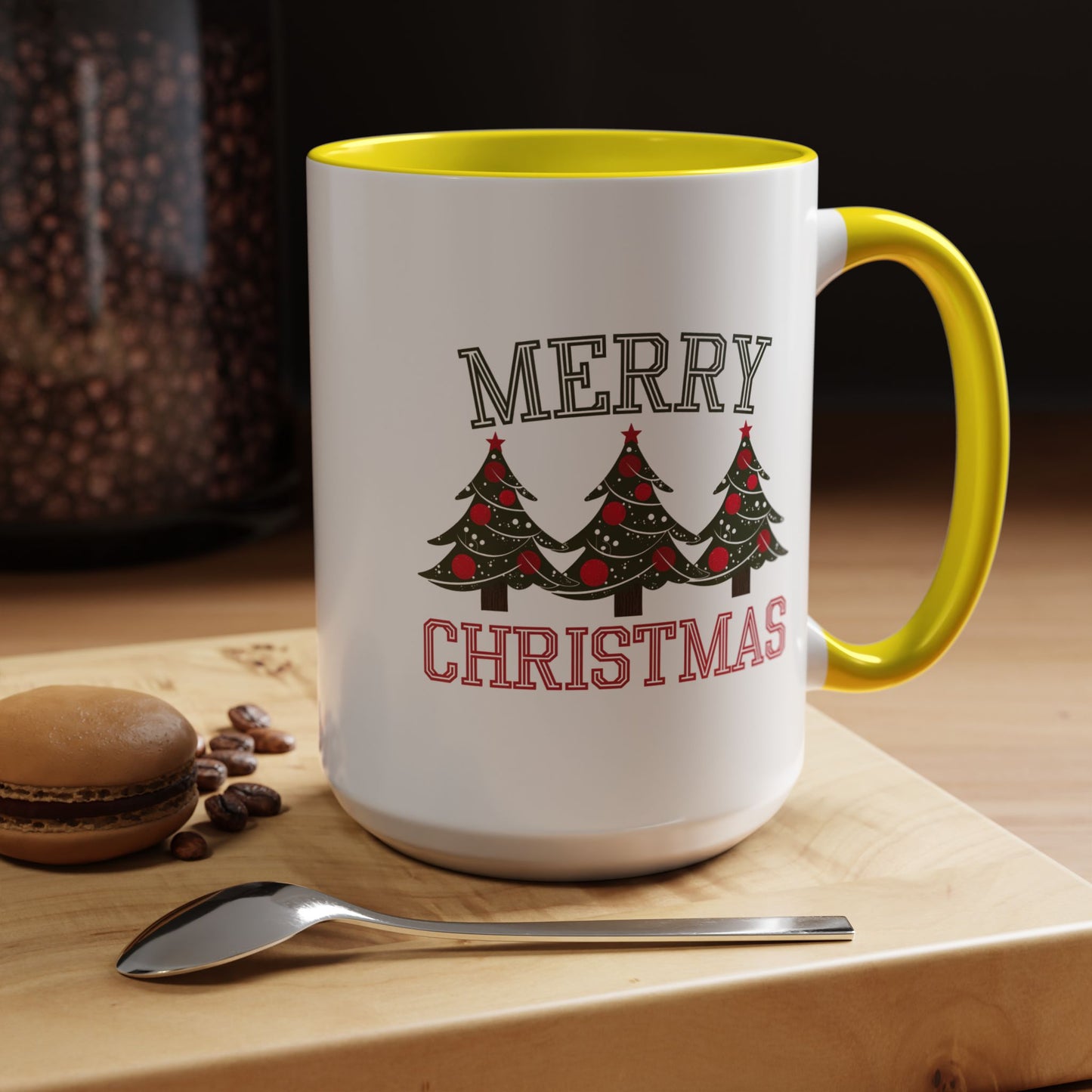 Christmas Mug - Merry Christmas Green & Red Text Decorative Trees