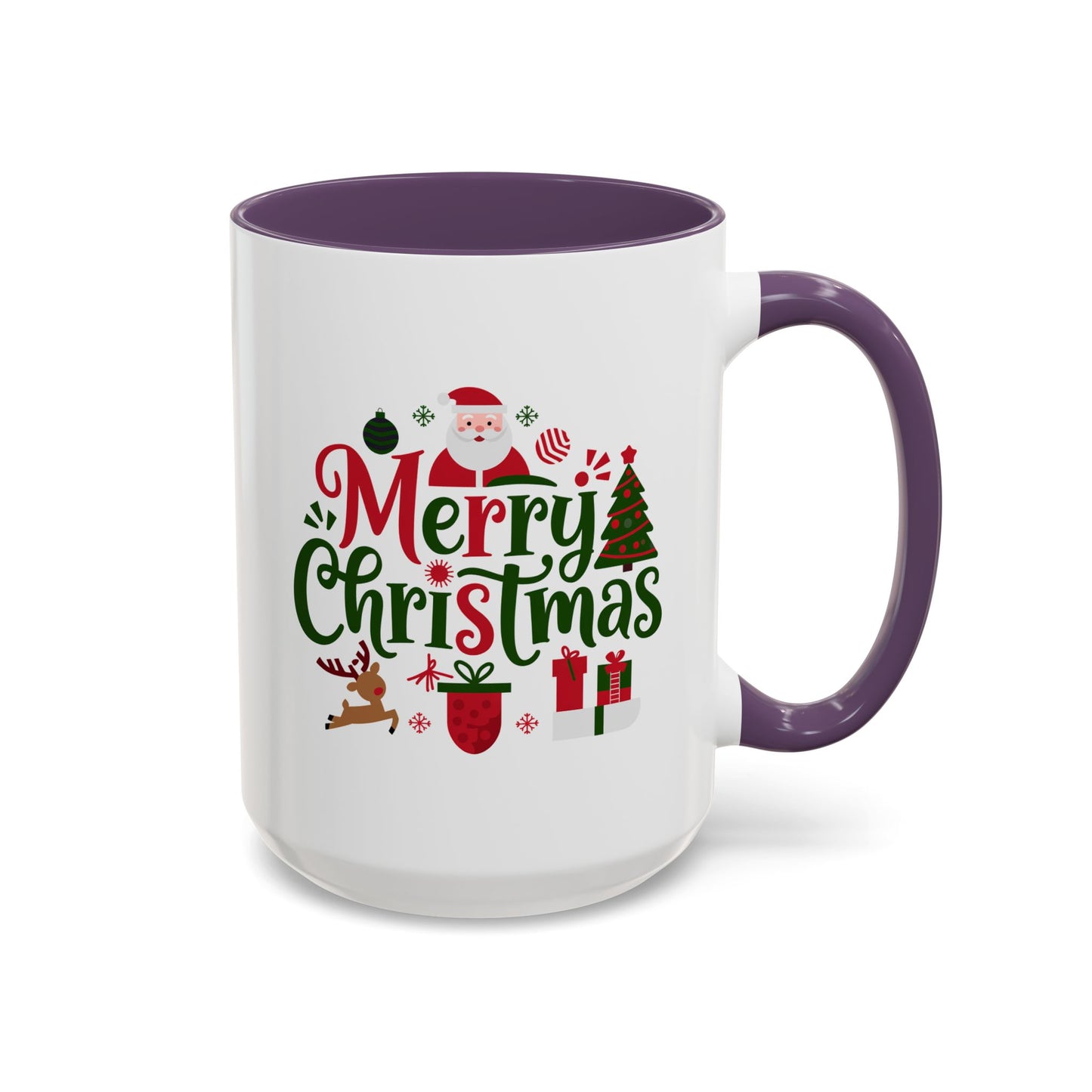 Christmas Mug - Merry Christmas Red & Green Text Santa Reindeer Tree Sleigh Ornaments