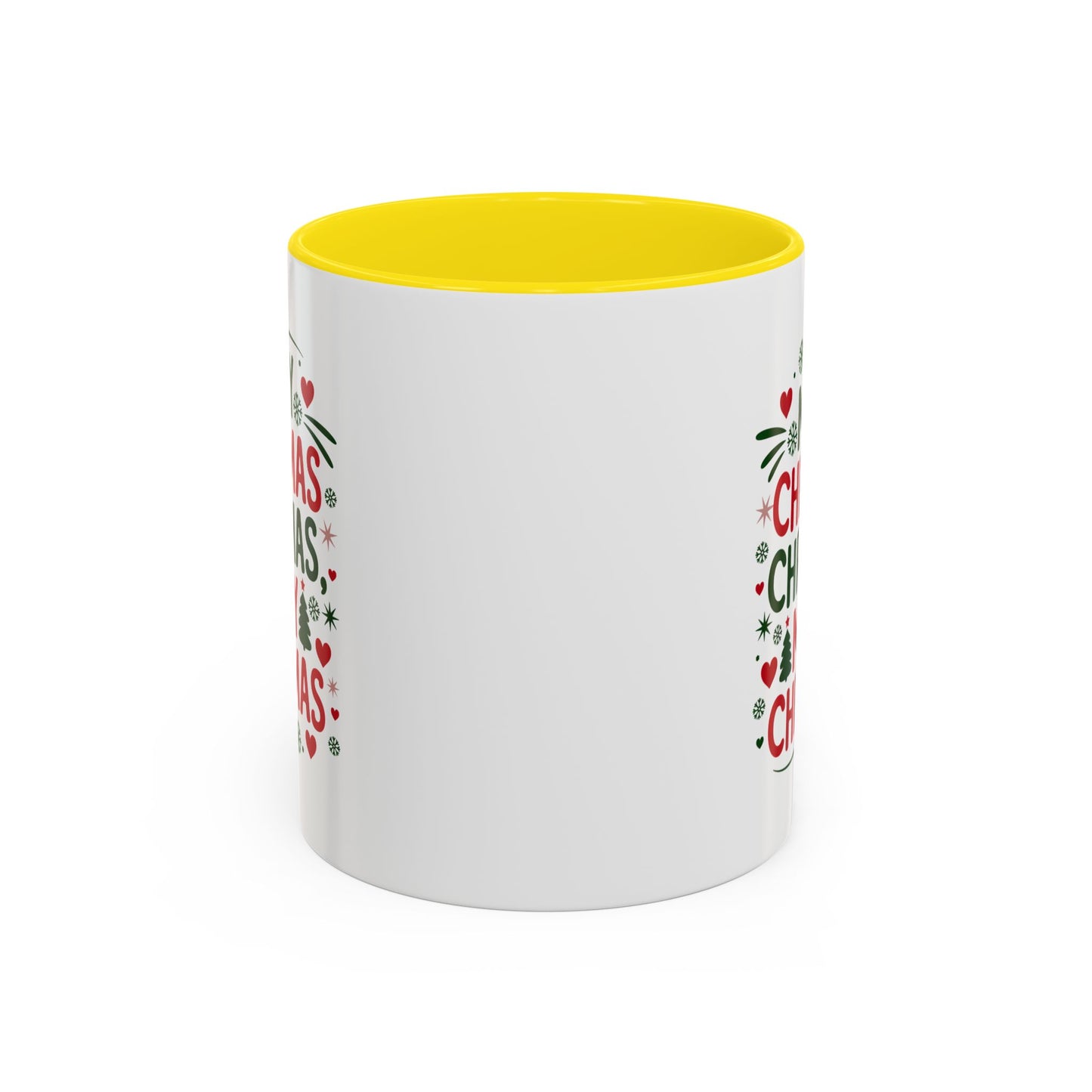 Christmas Mug - Merry Christmas Green & Red Text Trees Hearts Snowflakes Stars