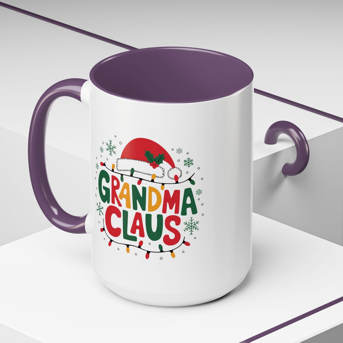 Christmas Mug - Grandma Claus Green Yellow & Red Text Hat Lights Stars