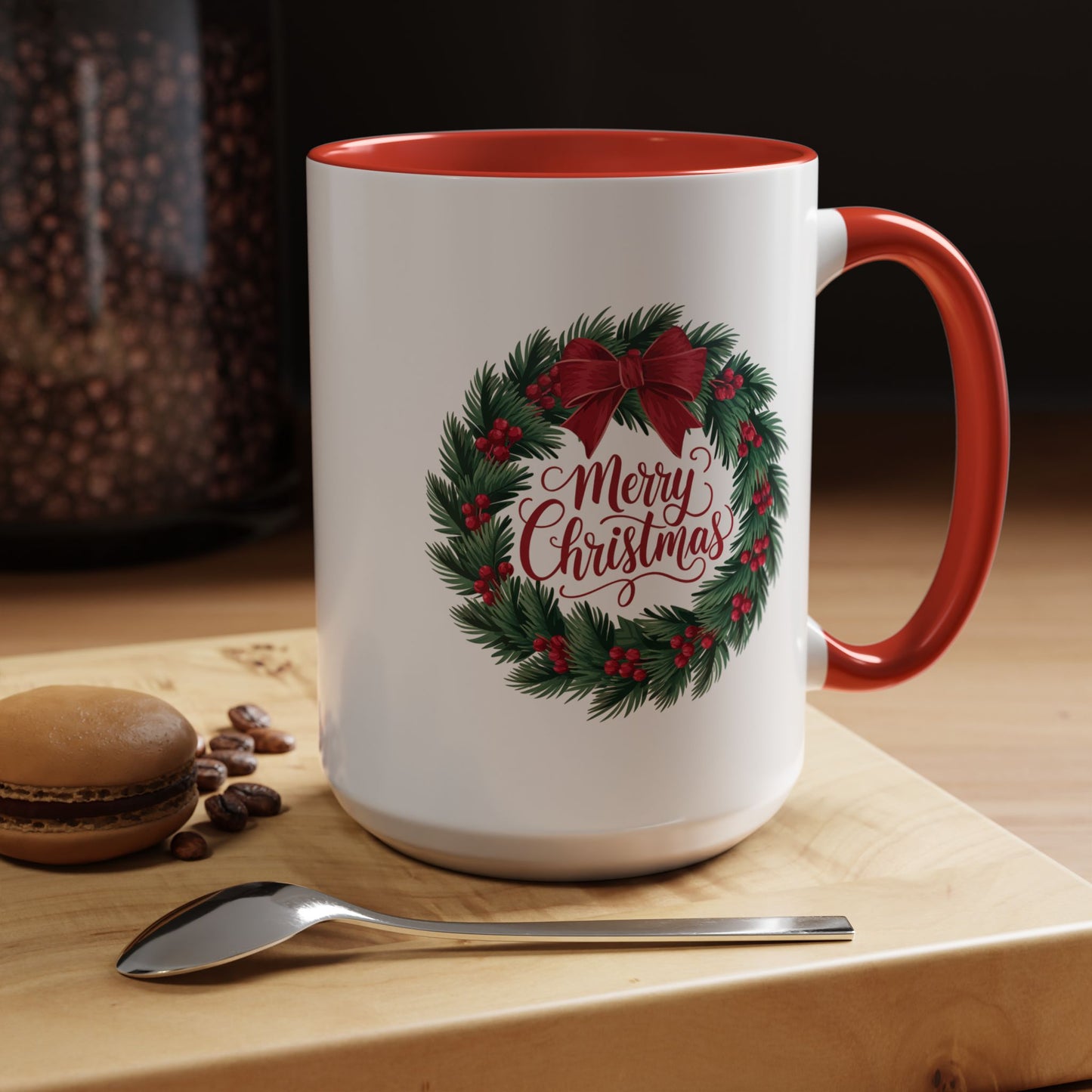Christmas Mug - Merry Christmas Red Text Bow Wreath