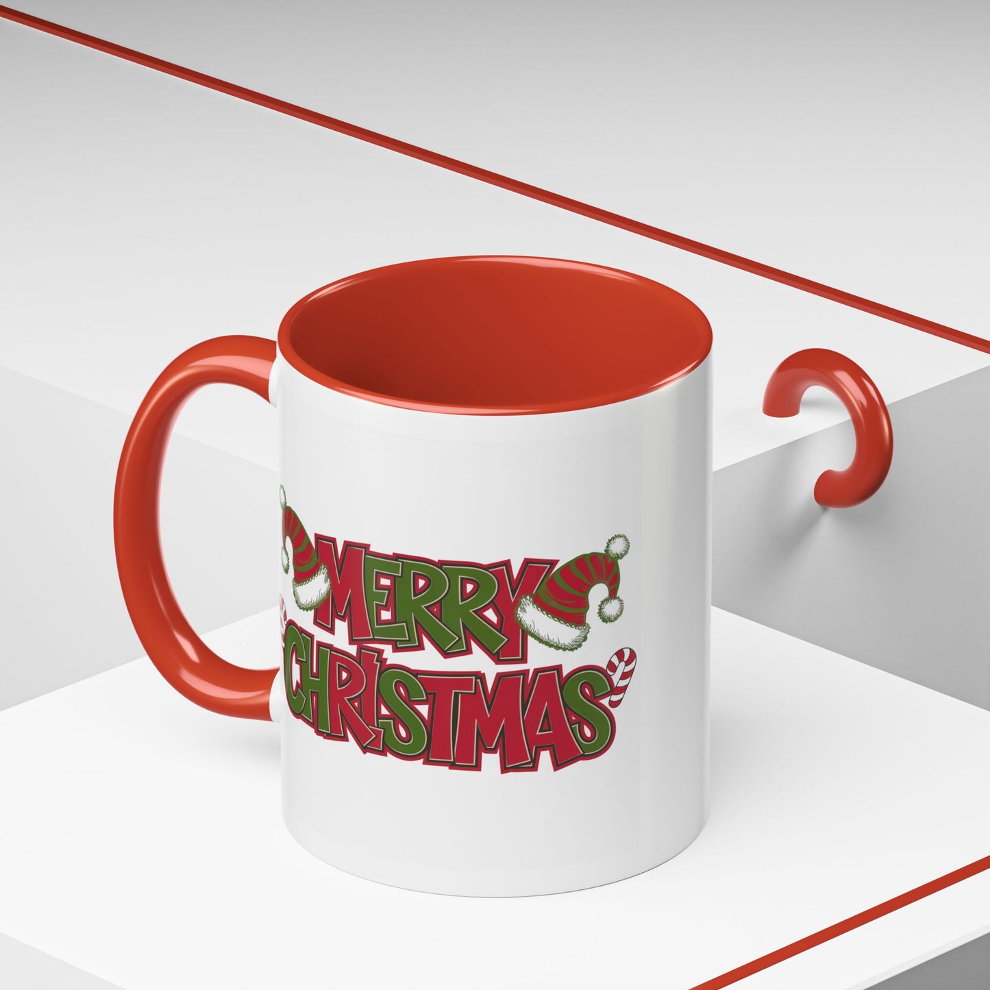 Christmas Mug - Merry Christmas Red & Green Text Hats Candy Canes