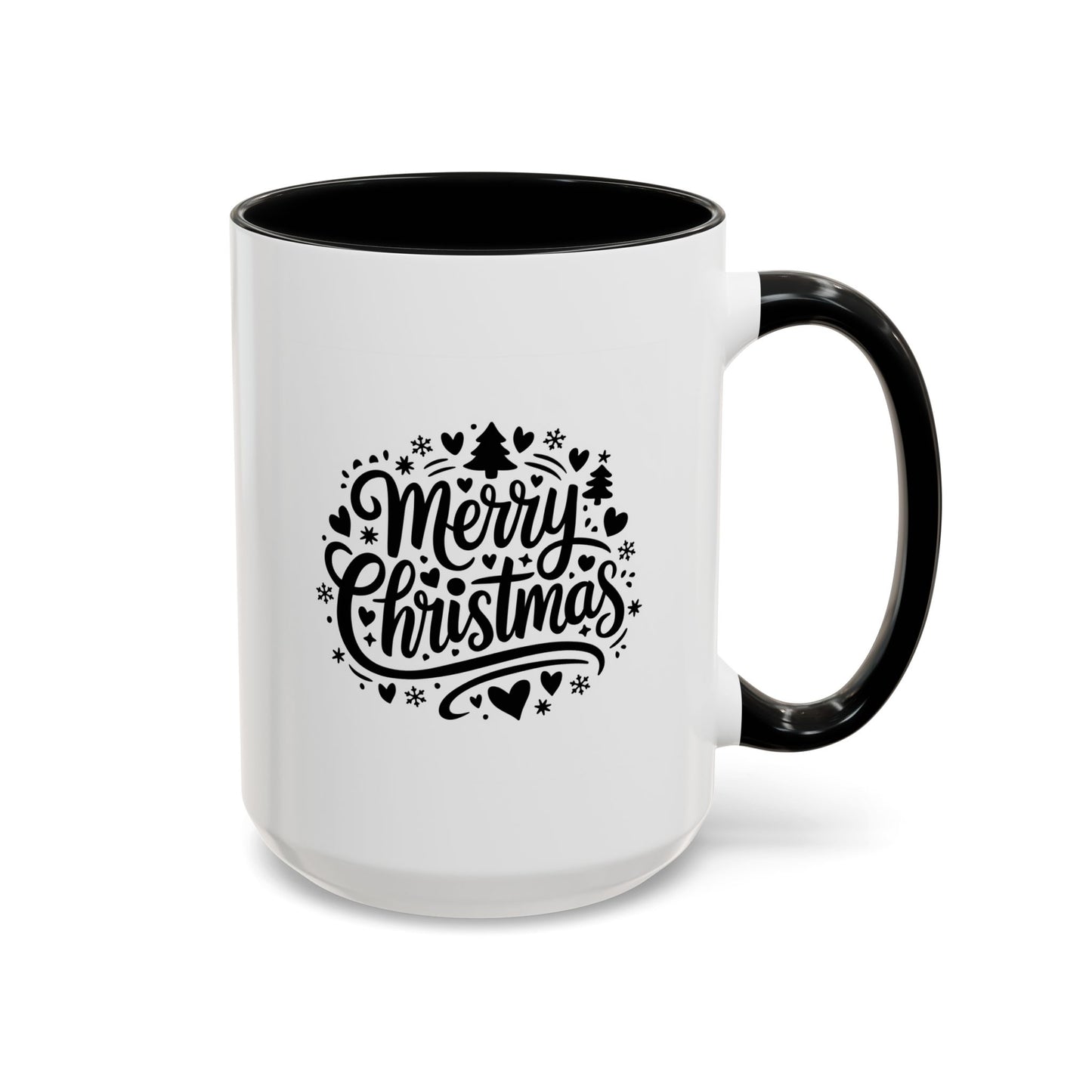 Christmas Mug - Merry Christmas Black Text Trees Snowflakes Hearts