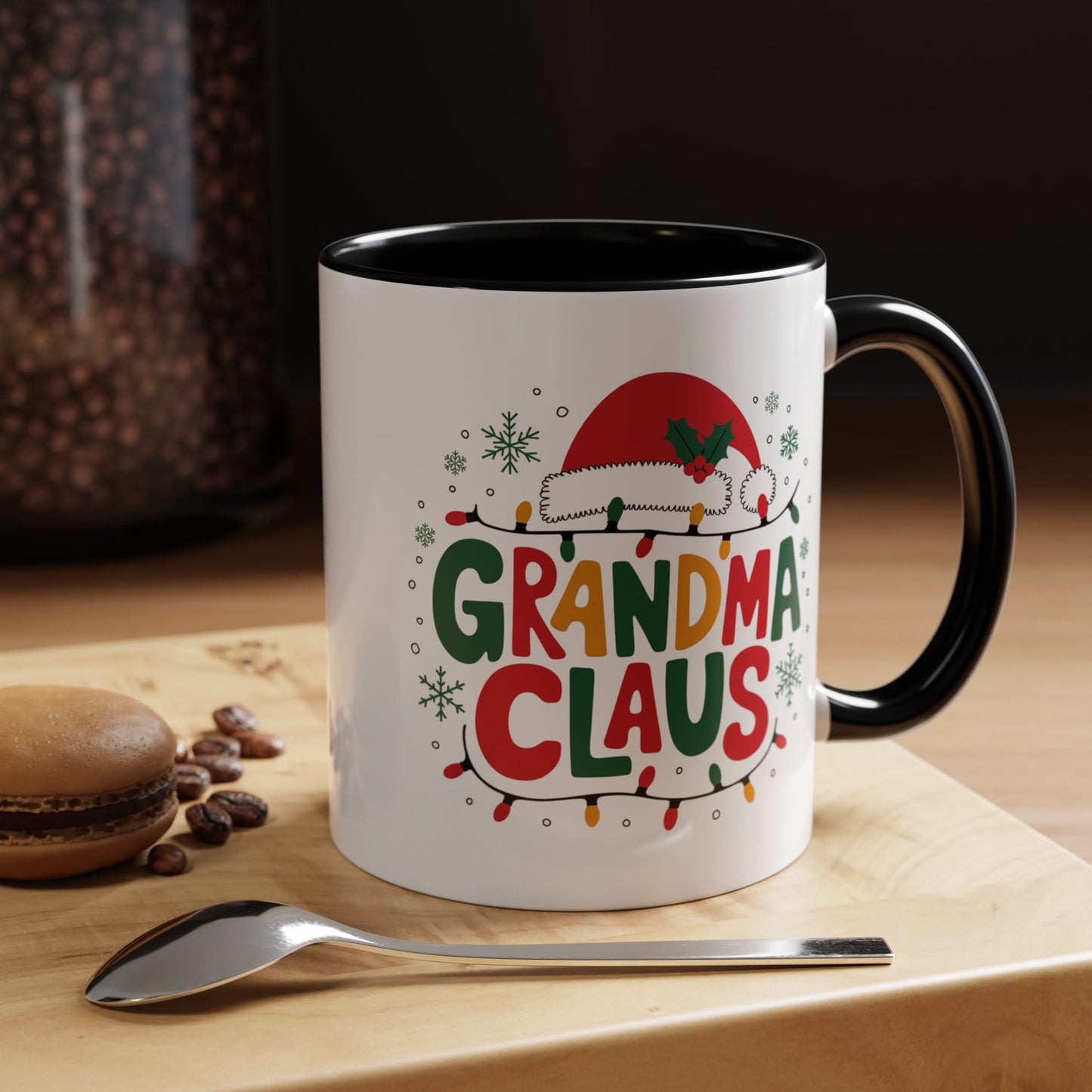 Christmas Mug - Grandma Claus Green Yellow & Red Text Hat Lights Stars