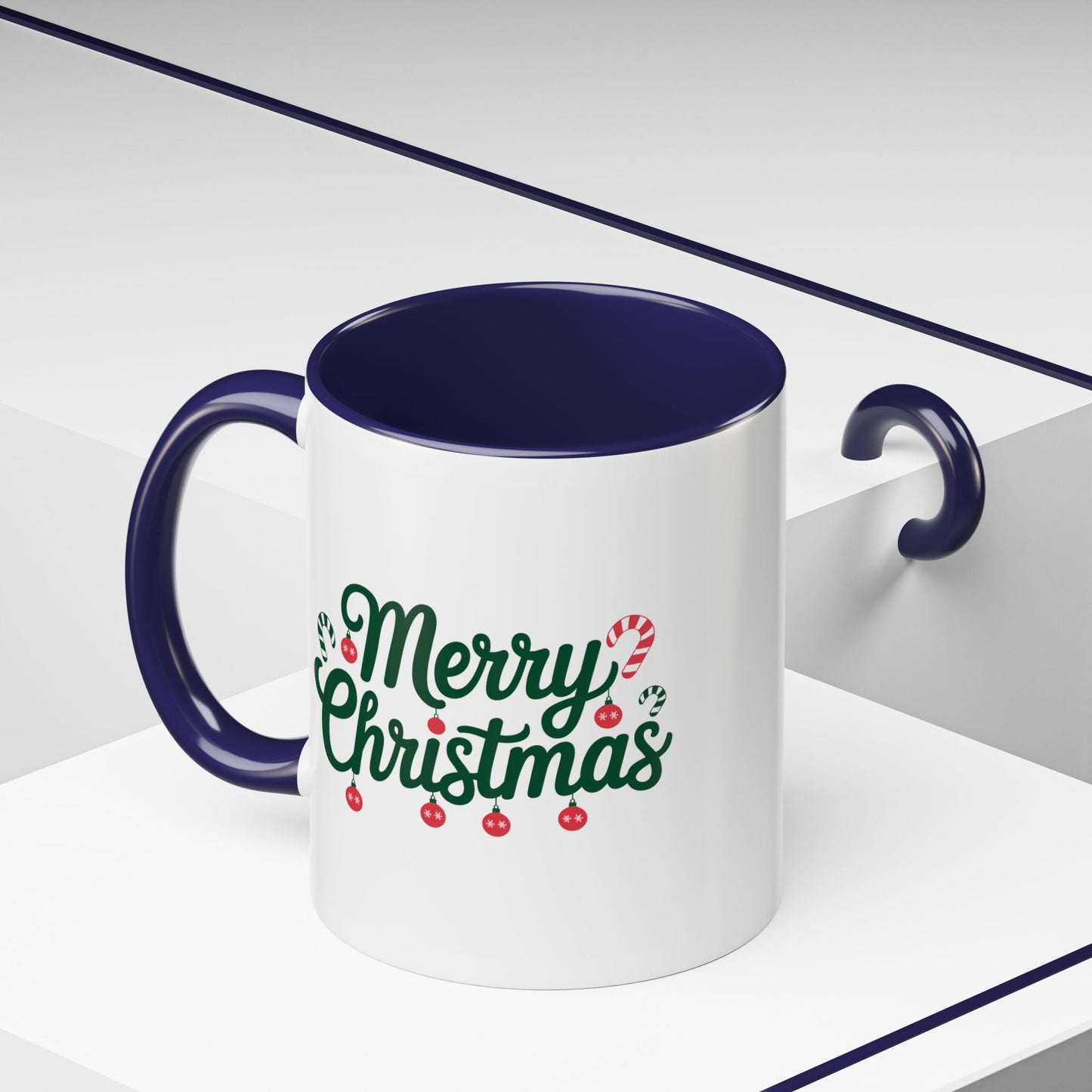 Christmas Mug - Merry Christmas Green Text Ornaments Candy Canes