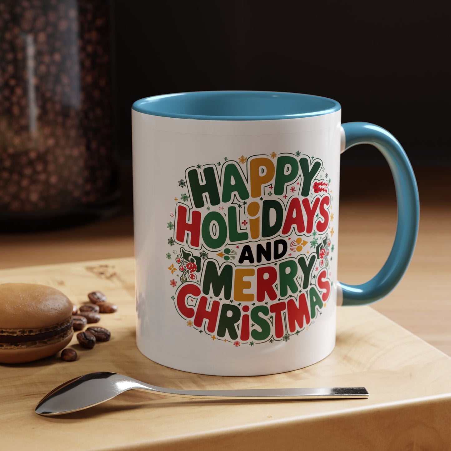 Christmas Mug - Happy Holidays and Merry Christmas Blue Green Yellow Red Text