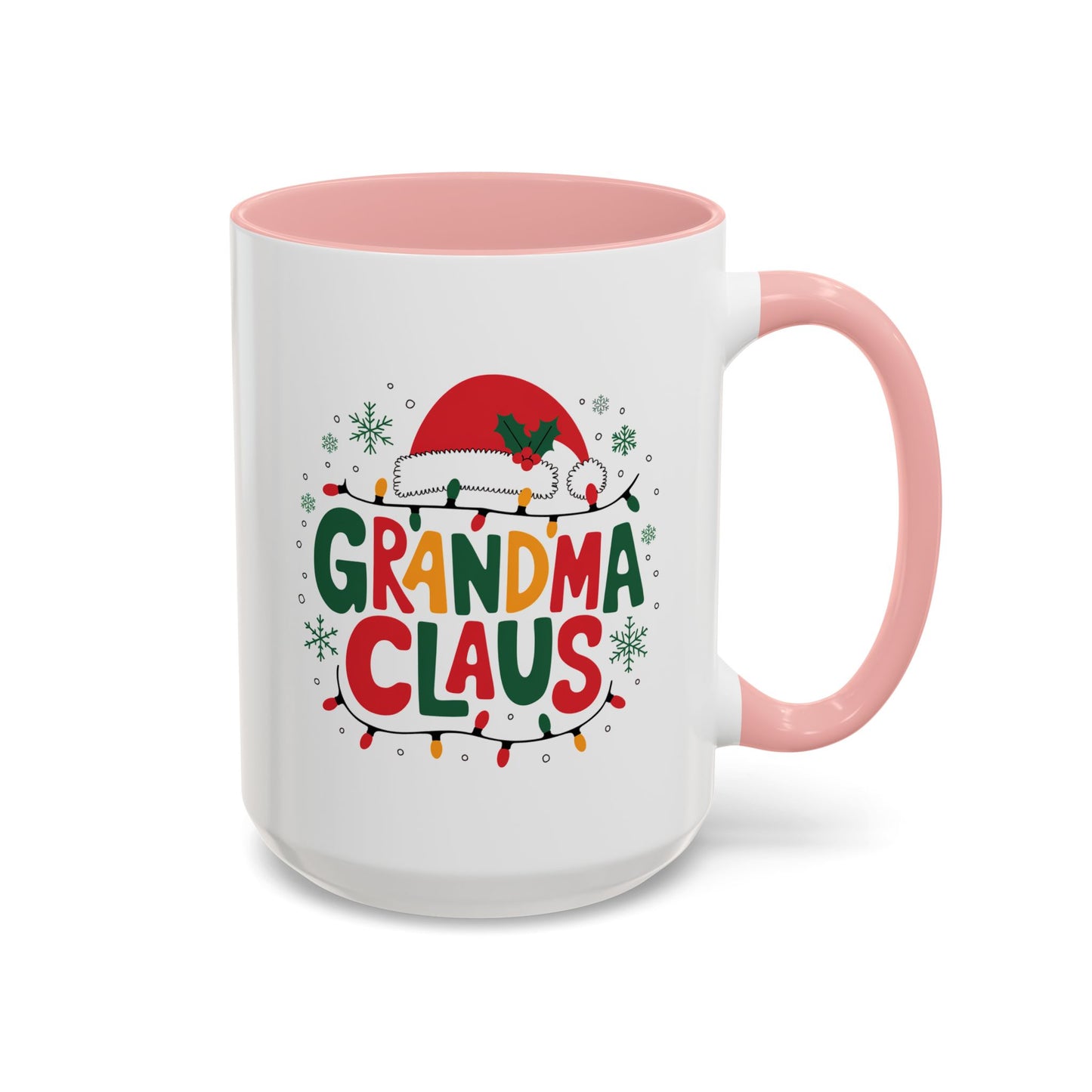 Christmas Mug - Grandma Claus Green Yellow & Red Text Hat Lights Stars