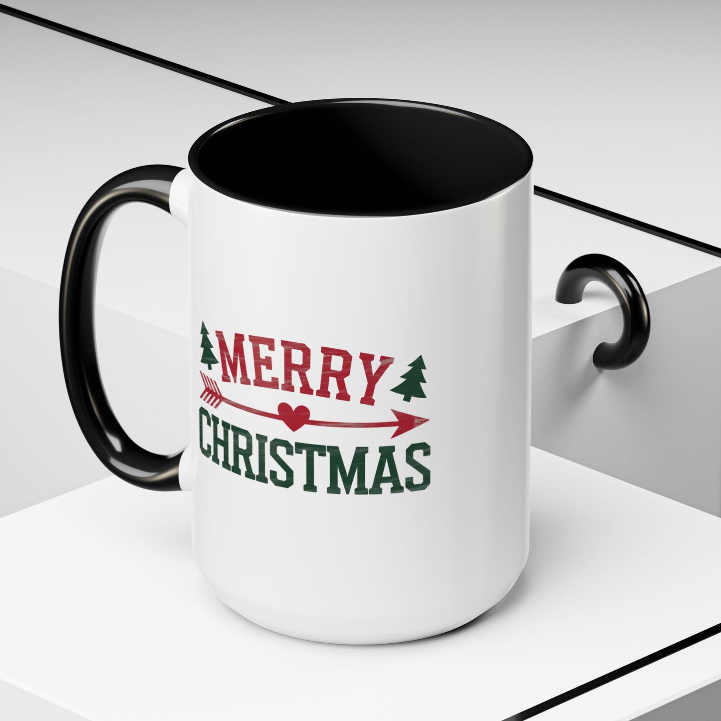 Christmas Mug - Merry Christmas Red & Green Text Heart Arrow Trees