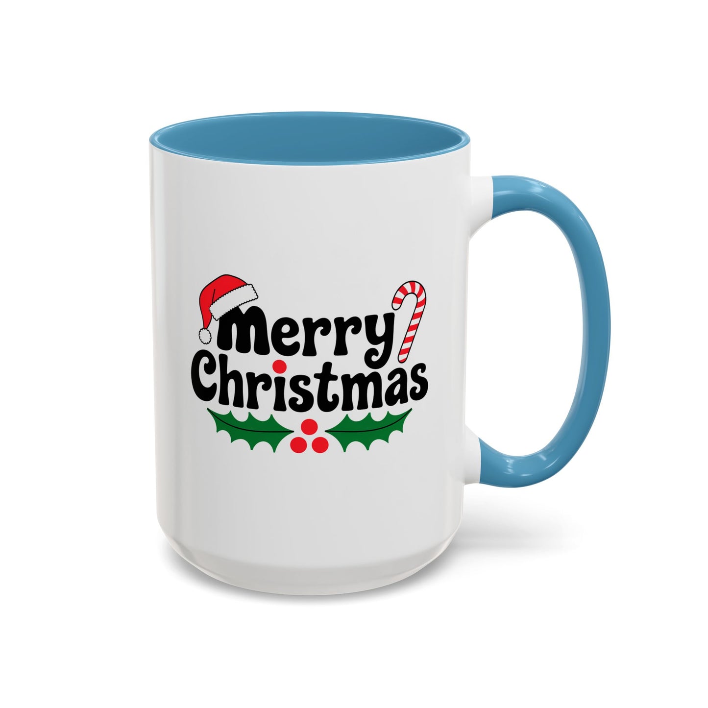 Christmas Mug - Merry Christmas Black Text Hat Candy Cane Mistletoe