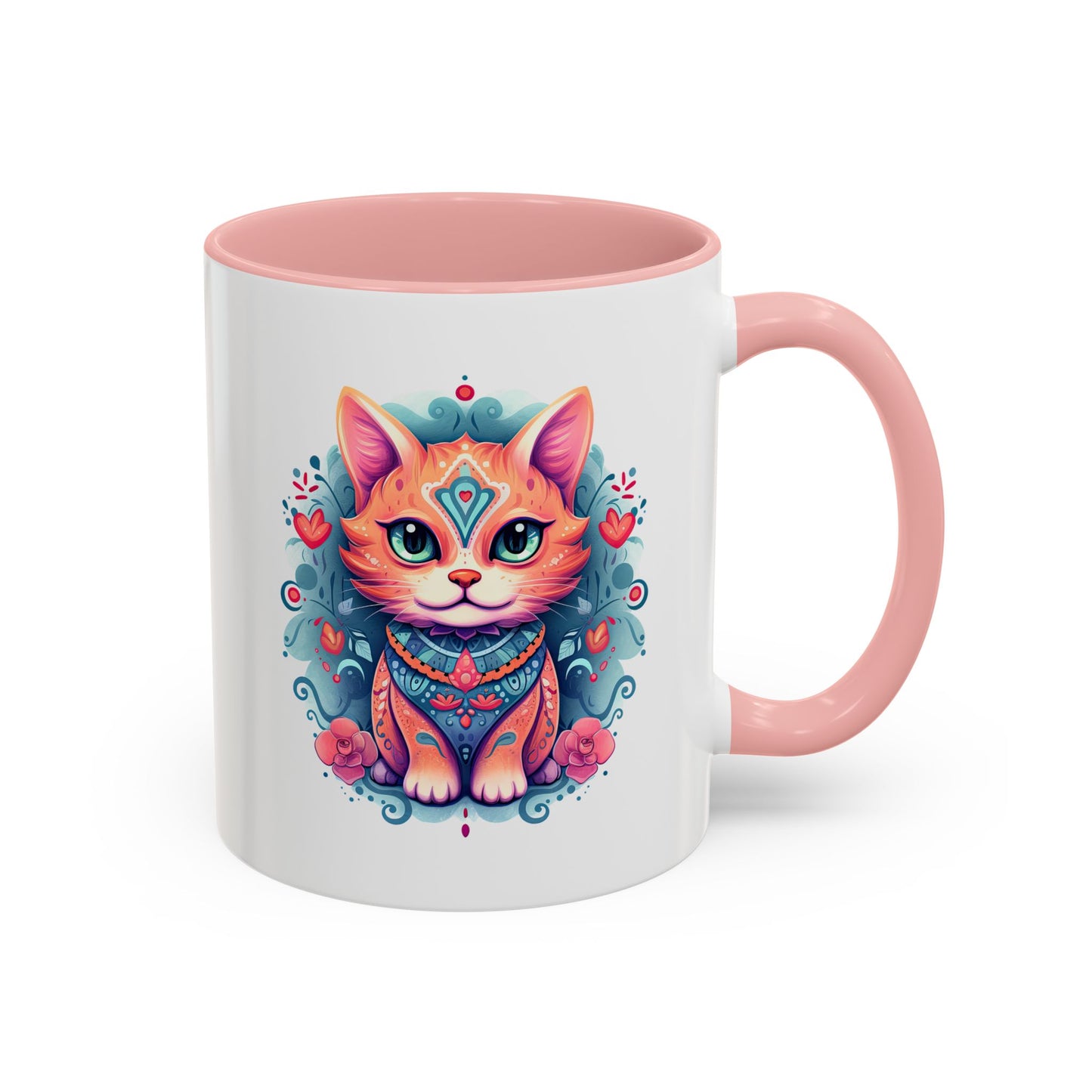 Animal  - Mystic Cat Turquoise & Coral Flowers