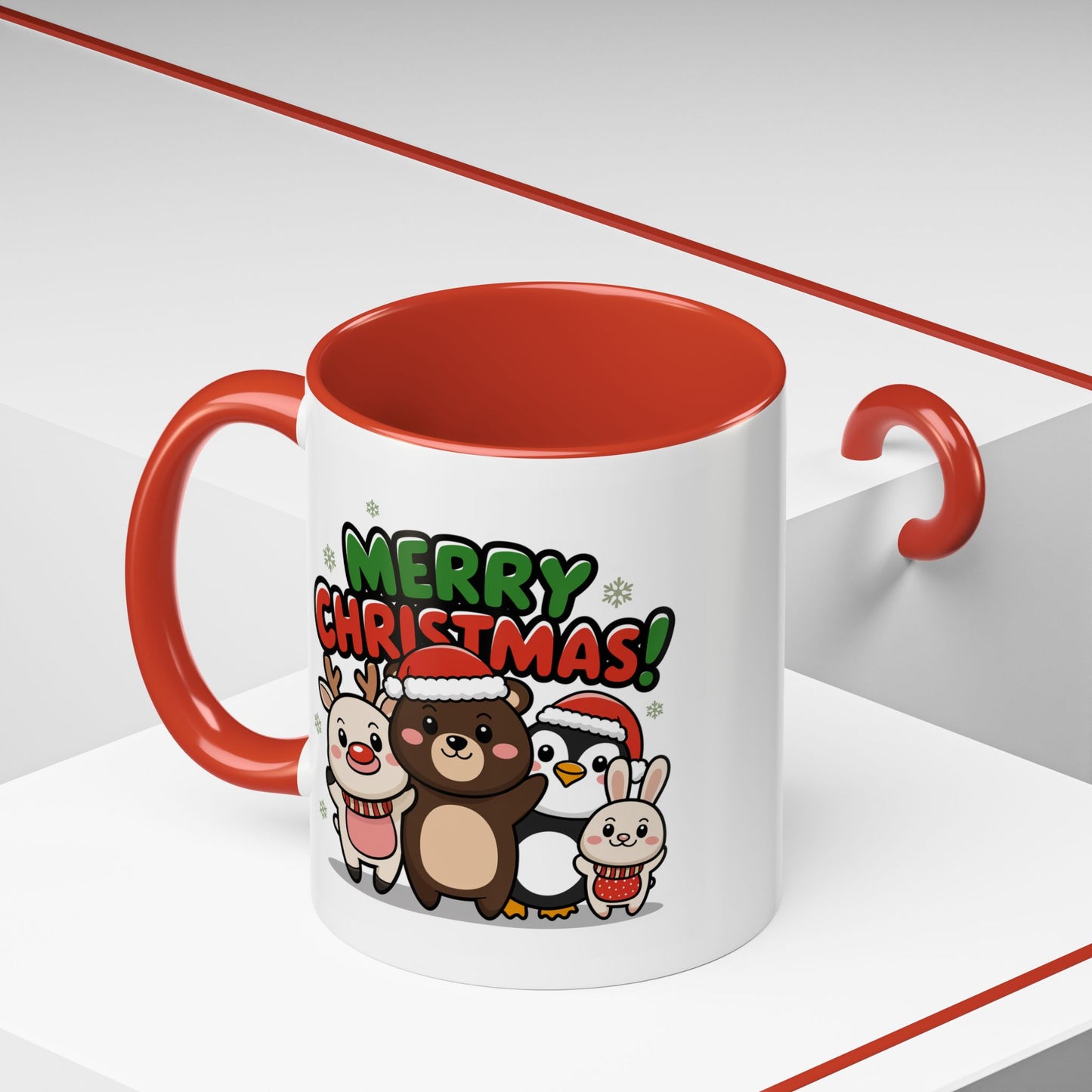 Christmas Mug - Merry Christmas Green & Red Text Cute Animals