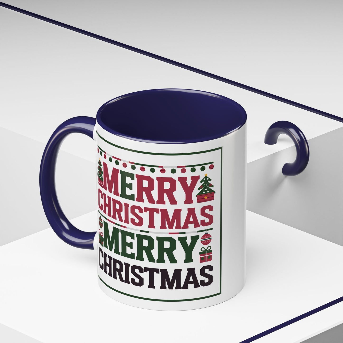 Christmas Mug - Merry Christmas Red Green & Black Text Trees Presents