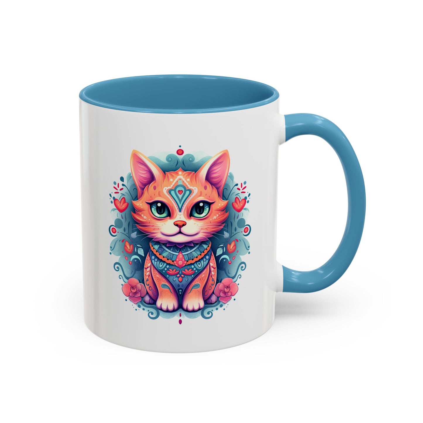 Animal  - Mystic Cat Turquoise & Coral Flowers
