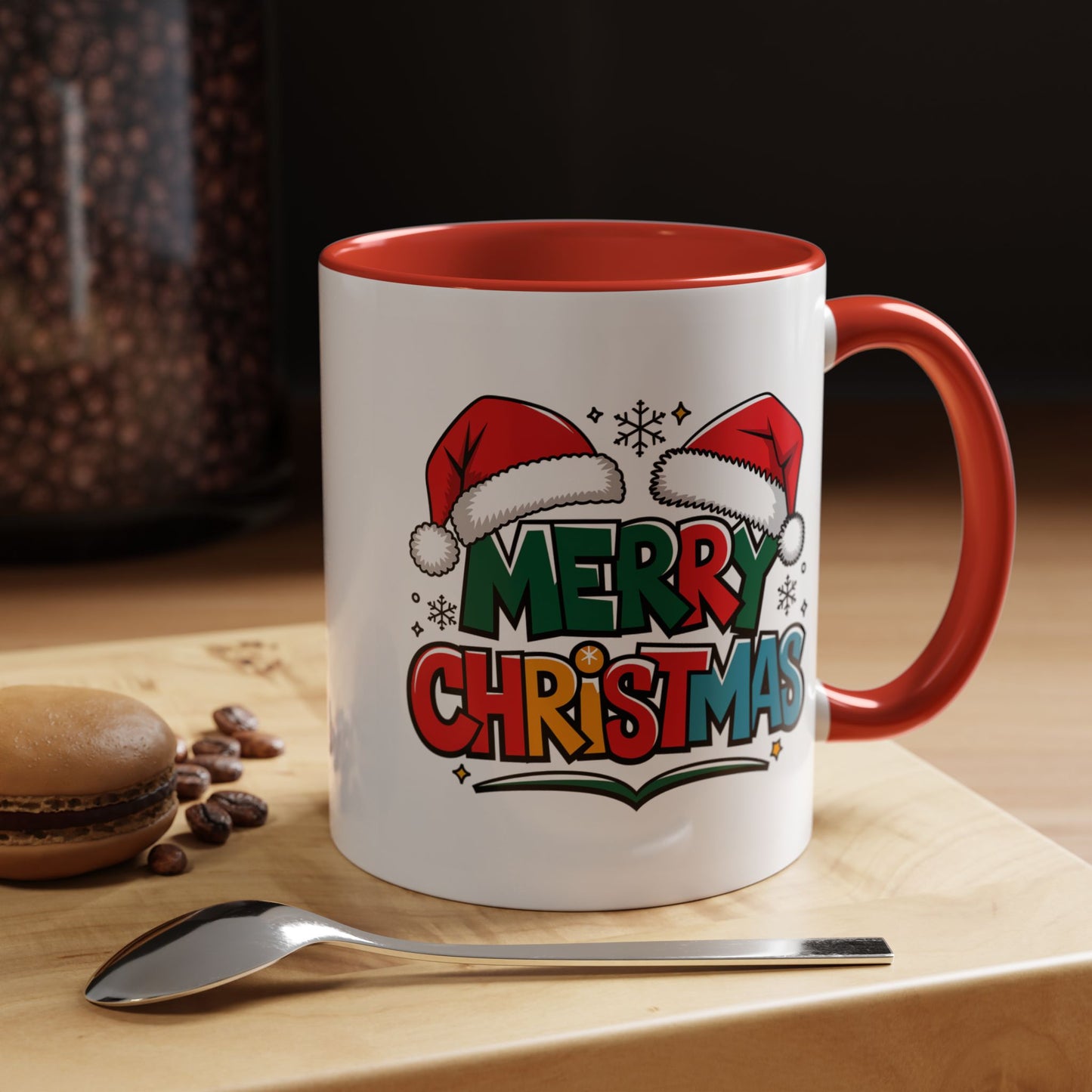 Christmas Mug - Merry Christmas Green Red Yellow and Blue Text Red Hats