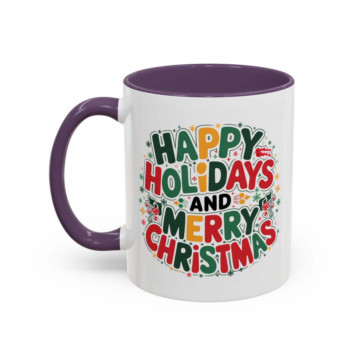 Christmas Mug - Happy Holidays and Merry Christmas Blue Green Yellow Red Text